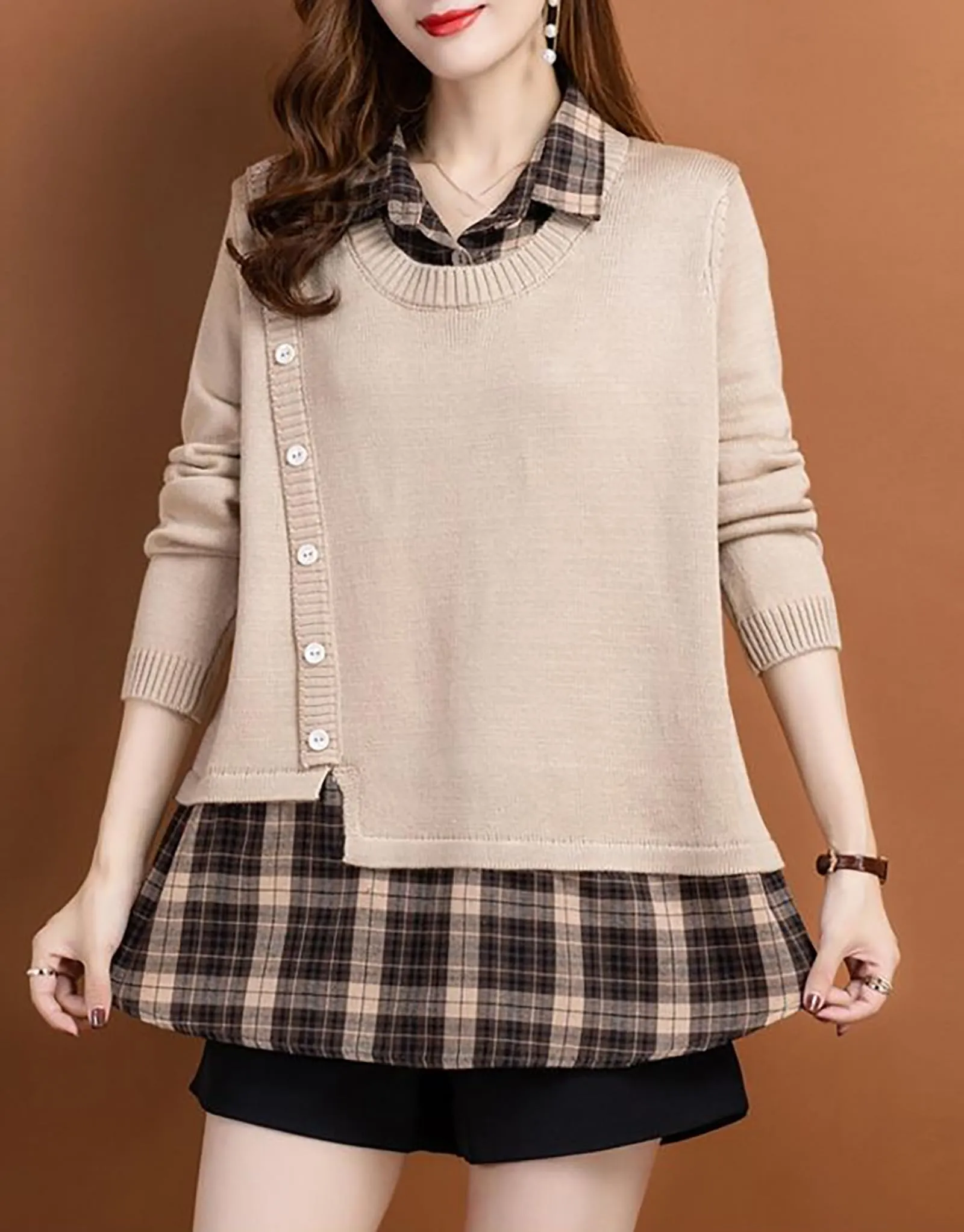 Knit Collar Patchwork Blouse Tops