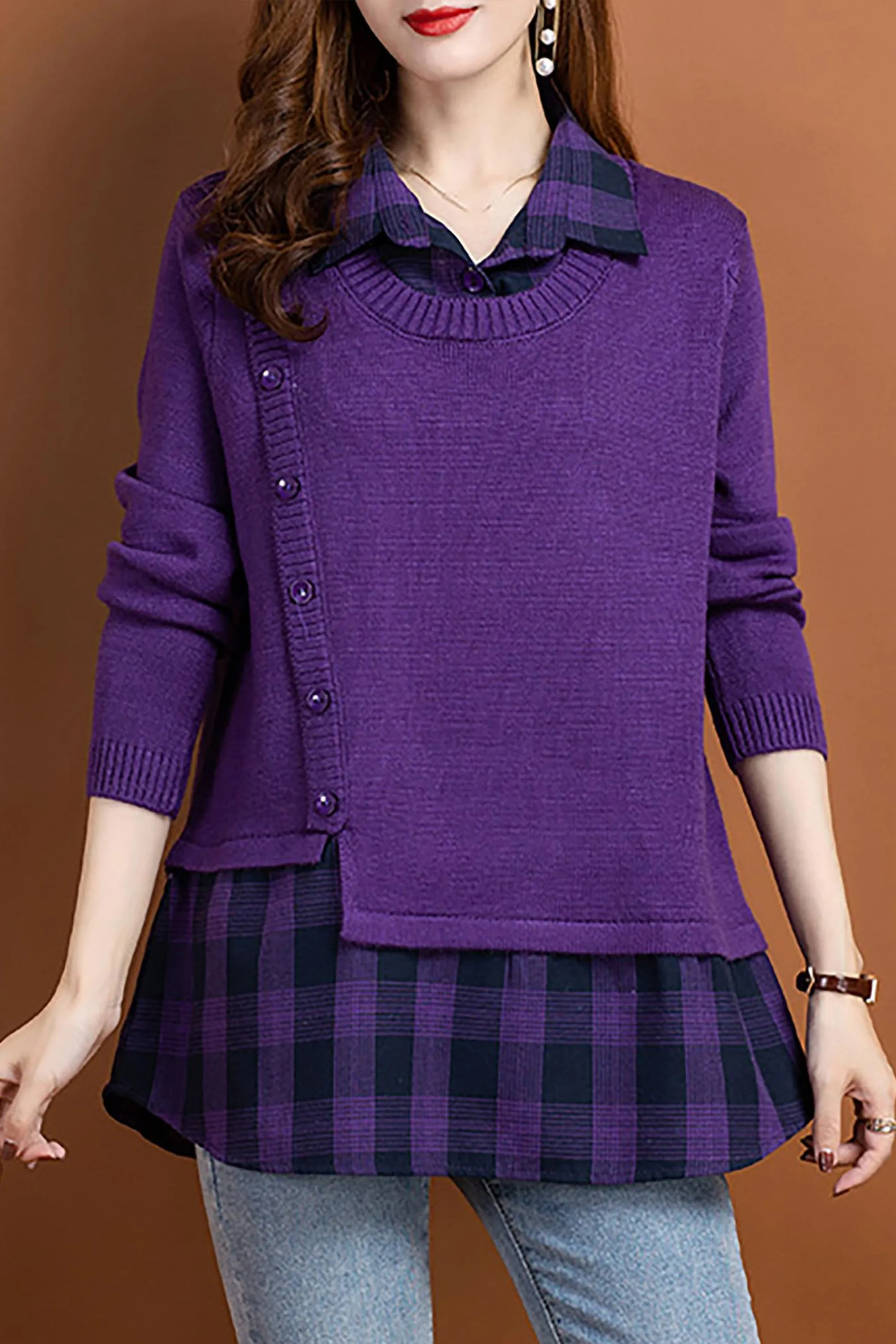 Knit Collar Patchwork Blouse Tops
