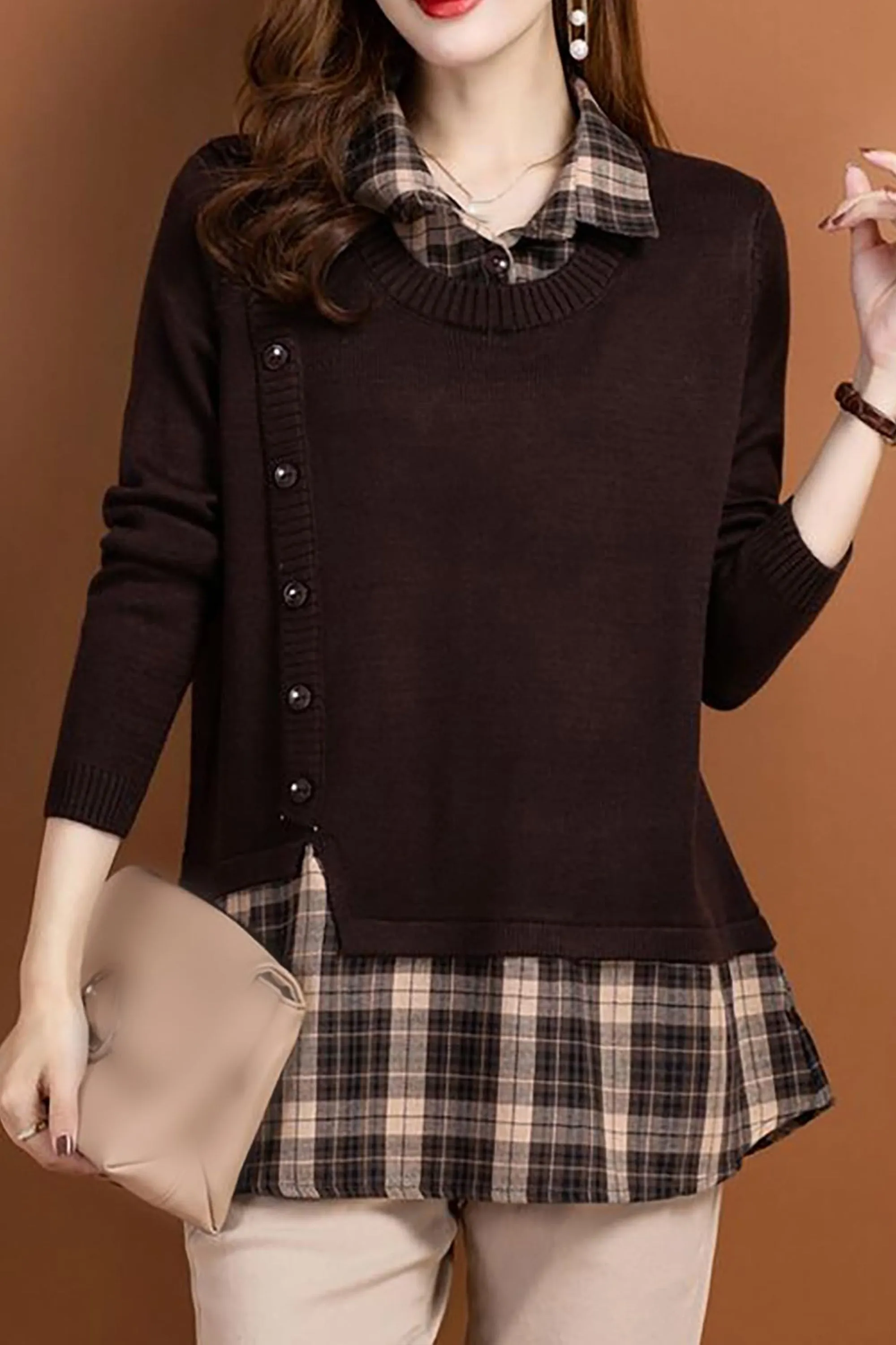 Knit Collar Patchwork Blouse Tops