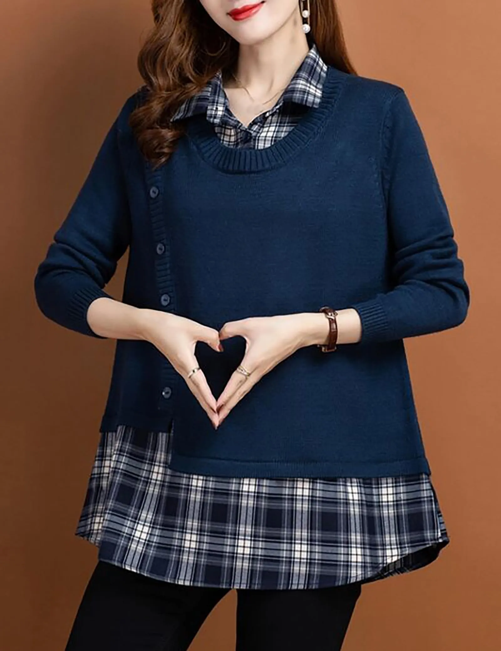 Knit Collar Patchwork Blouse Tops