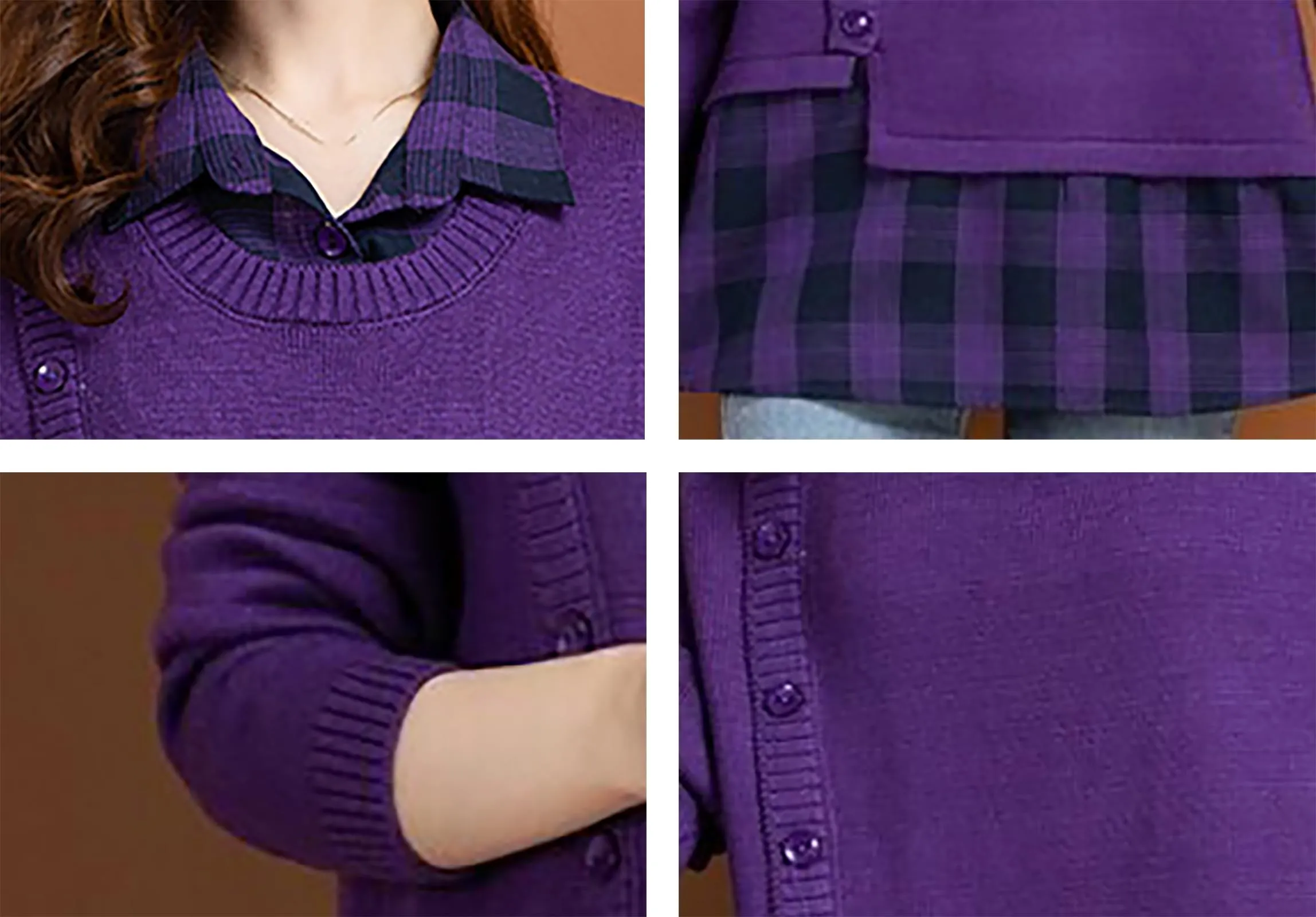 Knit Collar Patchwork Blouse Tops