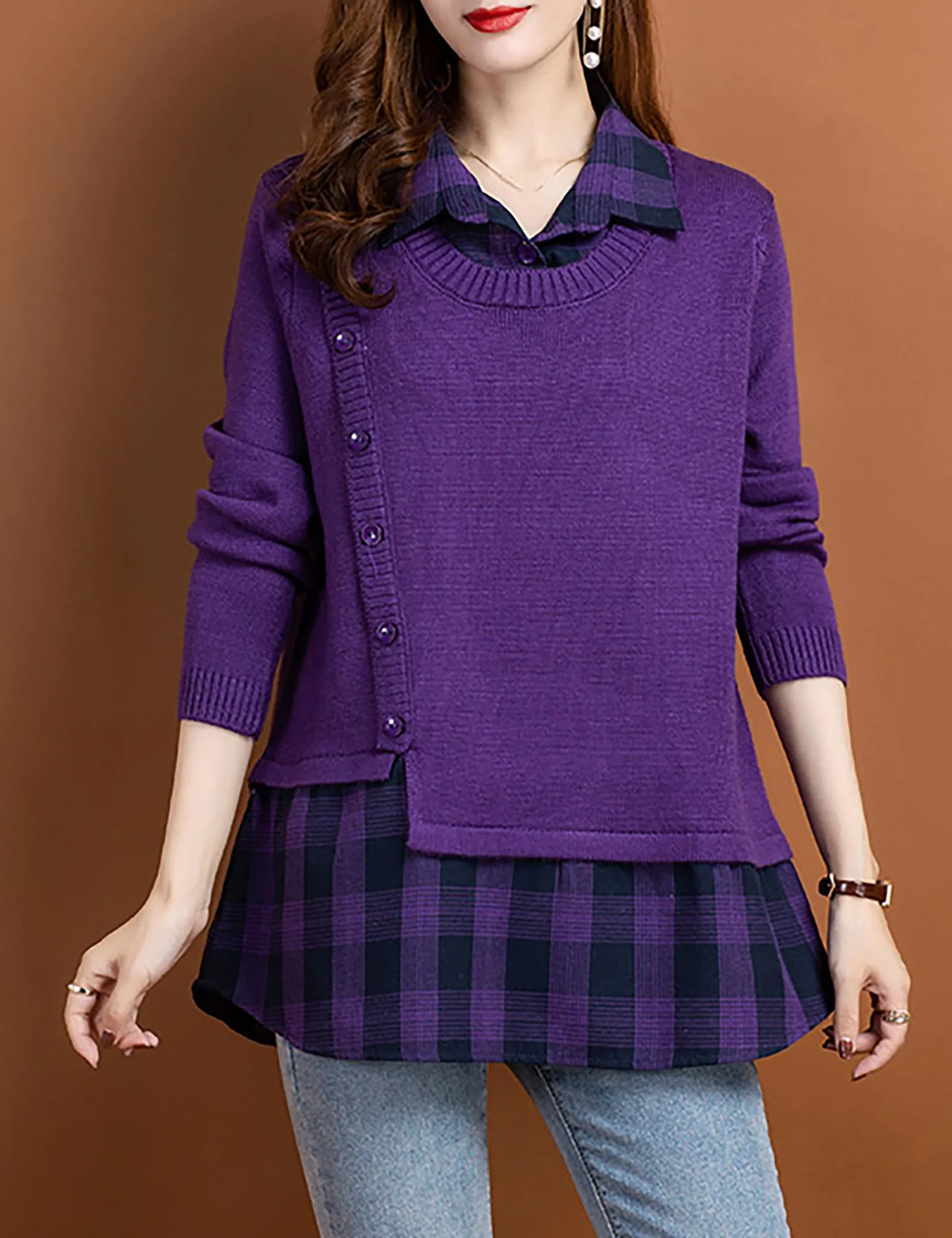 Knit Collar Patchwork Blouse Tops