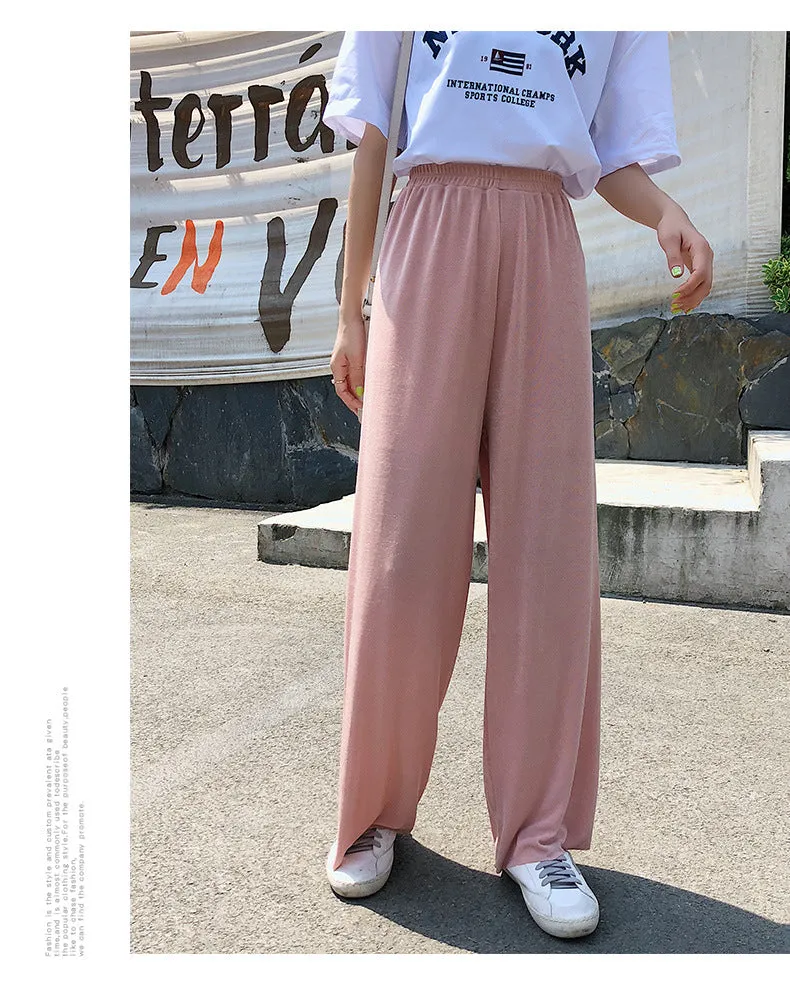 Korean Thin Wide Leg Pants Women Summer High Waist Drape Ice Silk Floor Length Cool Girlfriends Loose Slim Look Casual Pants
