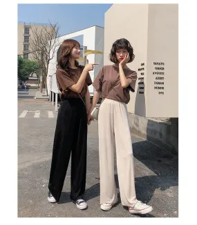 Korean Thin Wide Leg Pants Women Summer High Waist Drape Ice Silk Floor Length Cool Girlfriends Loose Slim Look Casual Pants