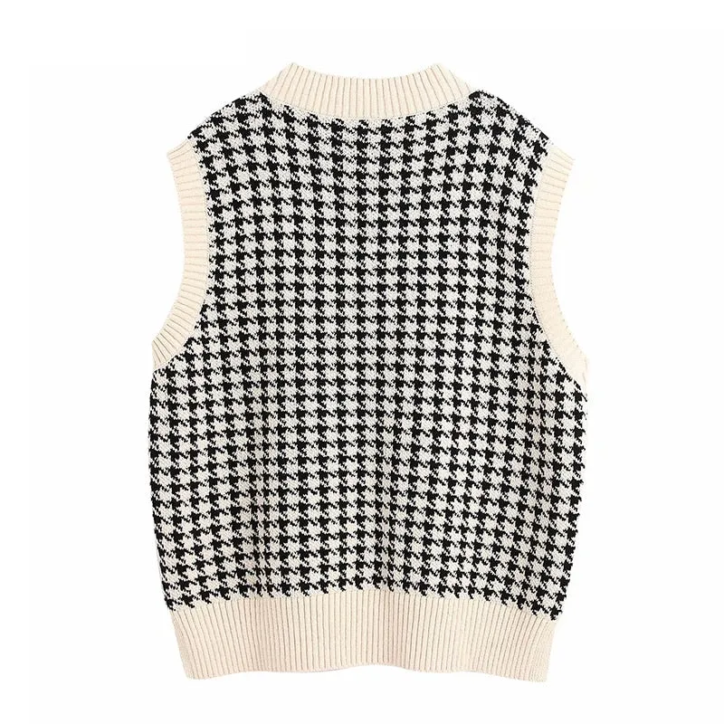 KPYTOMOA Women Oversized Houndstooth Sleeveless Vest Sweater Waistcoat Chic Tops