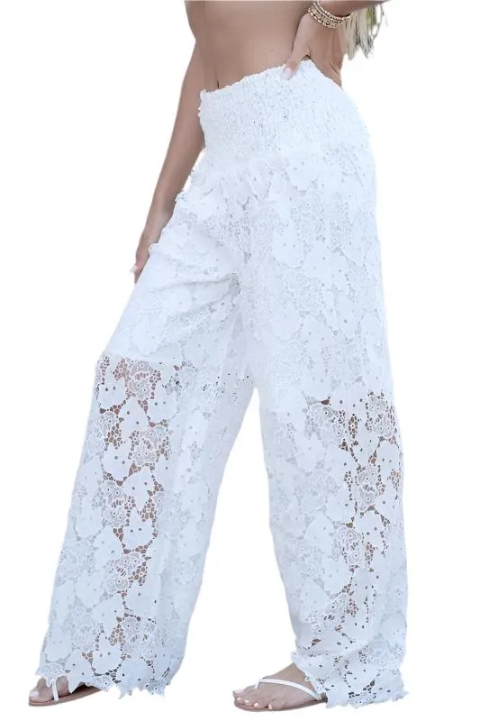 Leaf Mesh Lace Smocked High Waist Pants