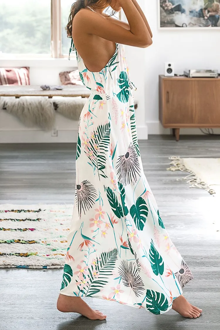 Leafy Print Long Slip Dress