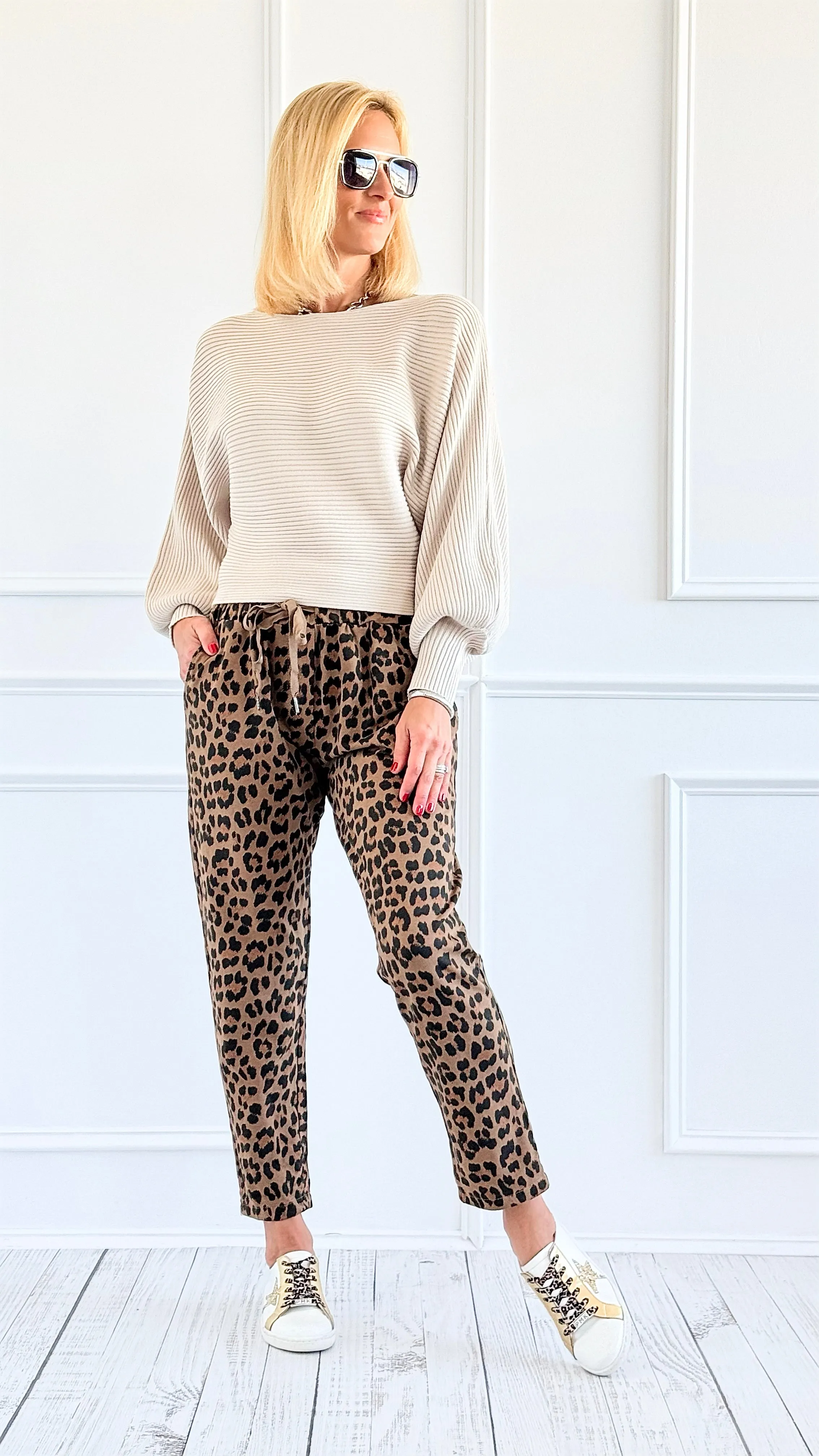 Leopard Luxe Drawstring Italian Joggers - Camel