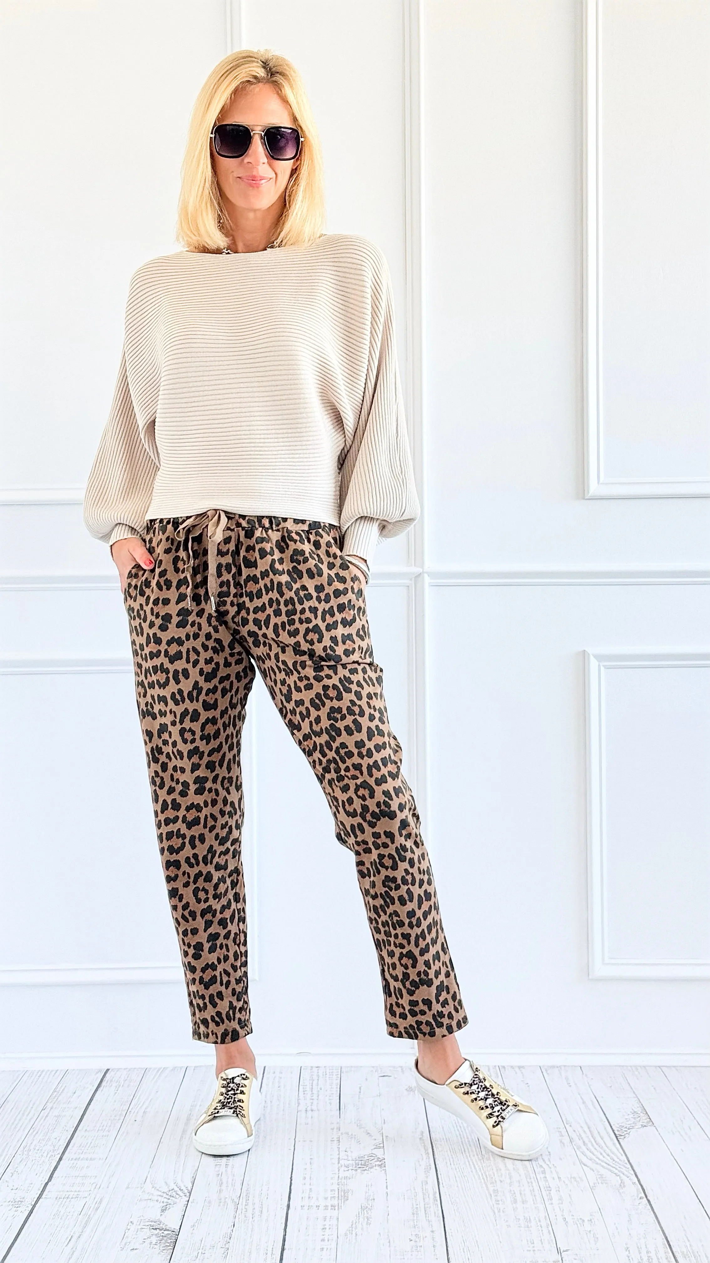 Leopard Luxe Drawstring Italian Joggers - Camel