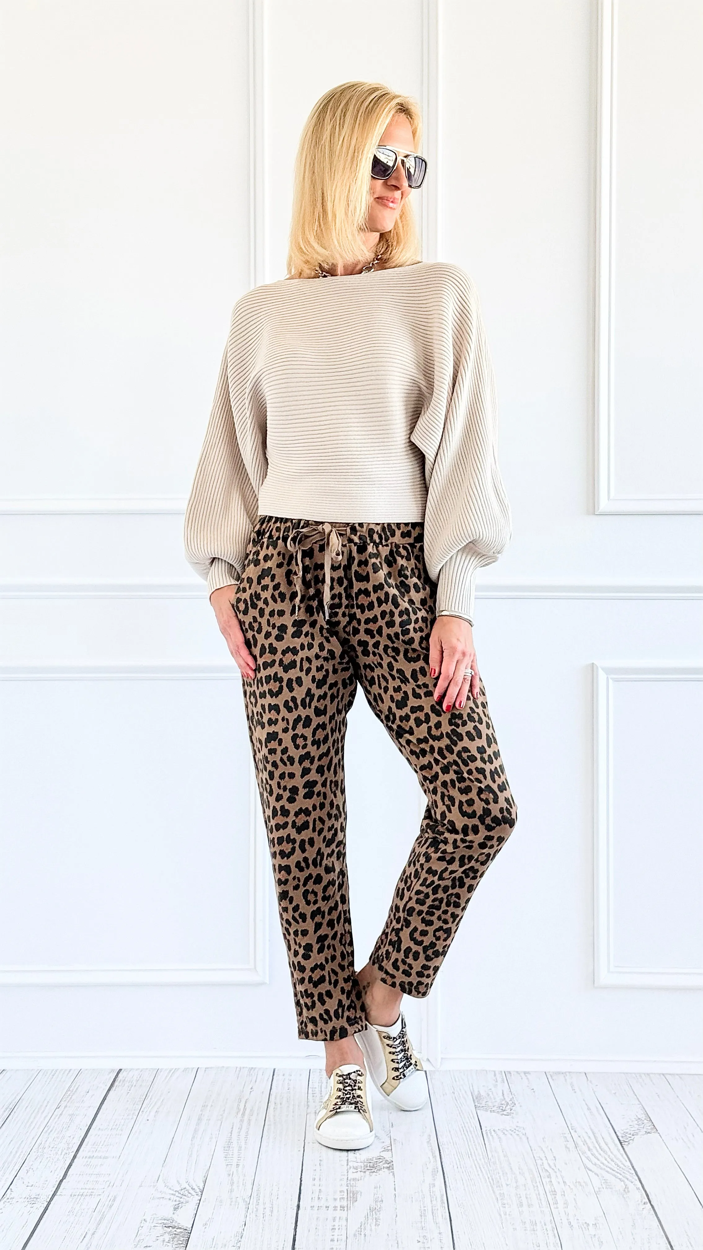 Leopard Luxe Drawstring Italian Joggers - Camel