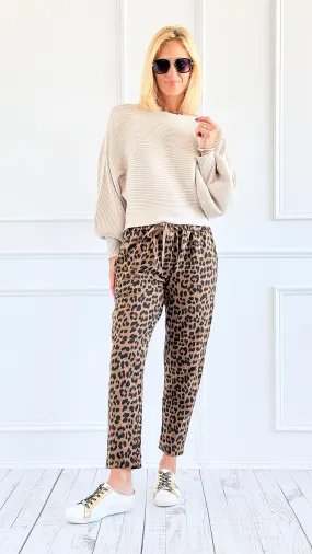 Leopard Luxe Drawstring Italian Joggers - Camel