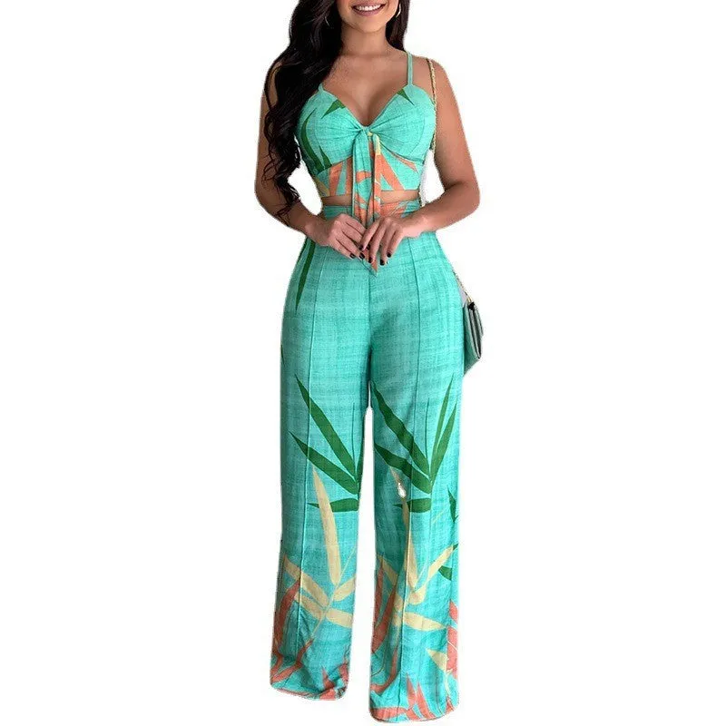 Linen V-neck Short Vest High Waist Print Wide-Leg Pants Two-piece Set