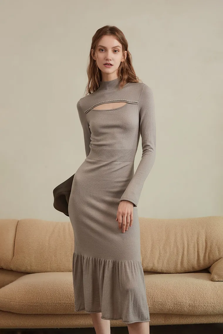 Long Sleeve Knit Bodycon Mock Neck Midi Dress with Mermaid Skirt