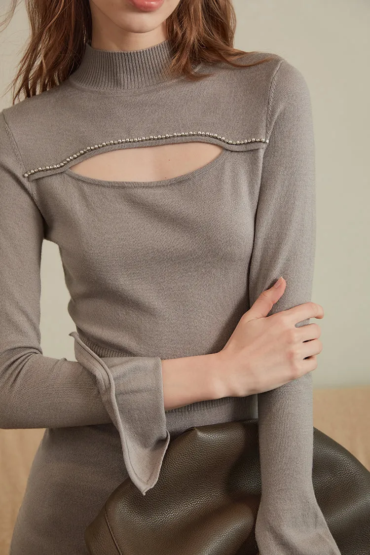 Long Sleeve Knit Bodycon Mock Neck Midi Dress with Mermaid Skirt