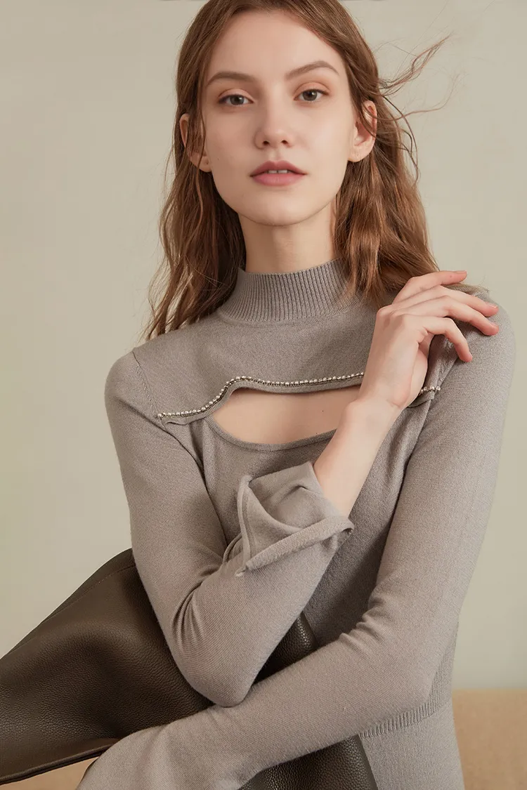 Long Sleeve Knit Bodycon Mock Neck Midi Dress with Mermaid Skirt