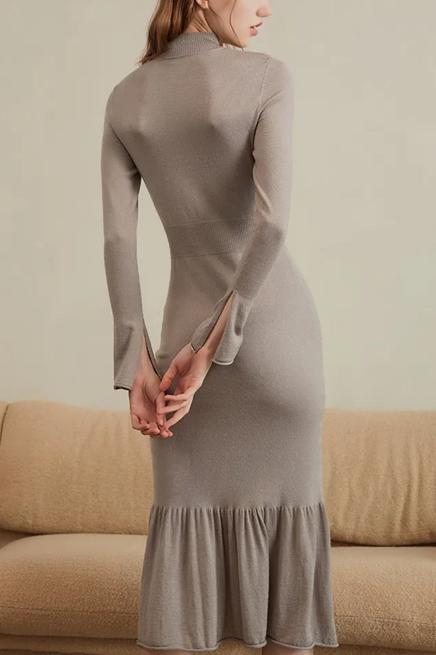 Long Sleeve Knit Bodycon Mock Neck Midi Dress with Mermaid Skirt