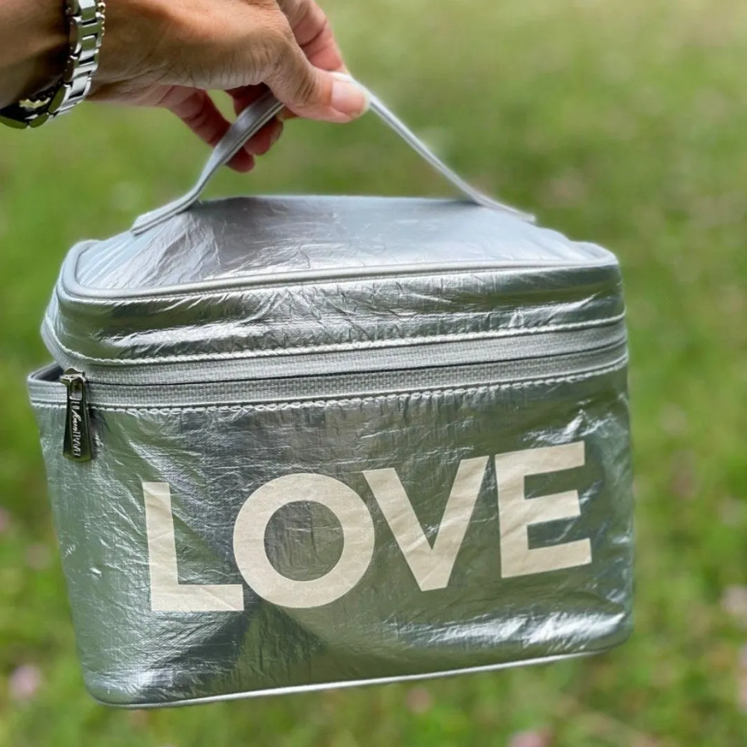 Love Shines Set of Two - Cosmetic Case or Lunch Box and Mini Padded Pack in Silver and White