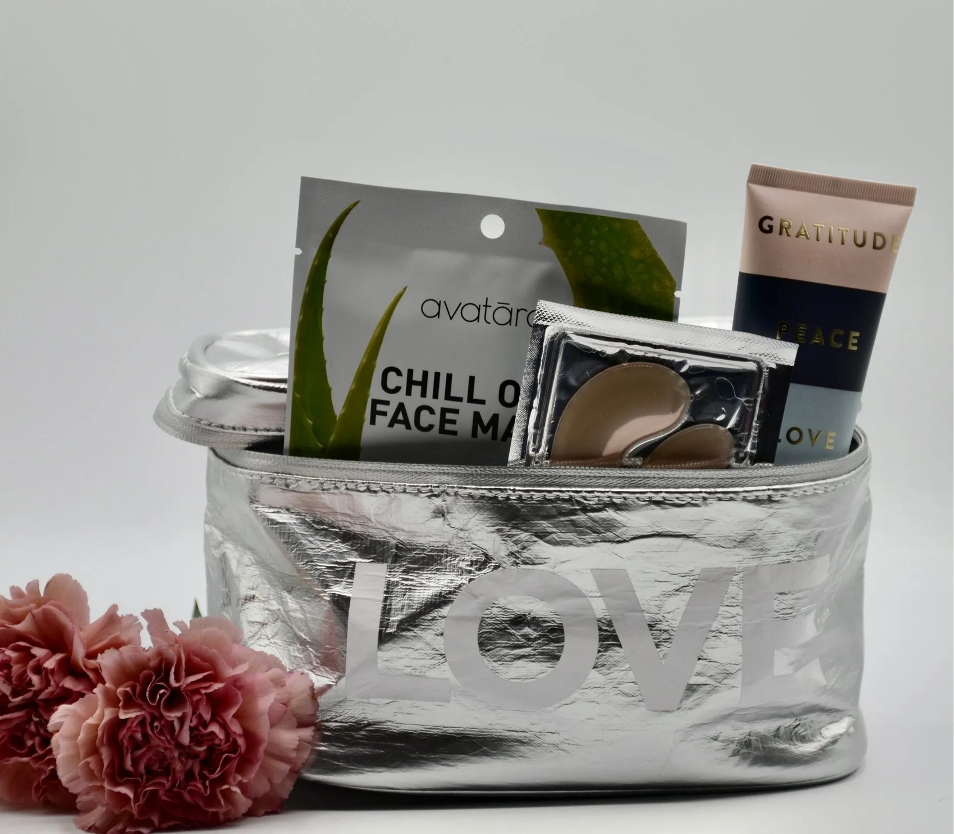 Love Shines Set of Two - Cosmetic Case or Lunch Box and Mini Padded Pack in Silver and White