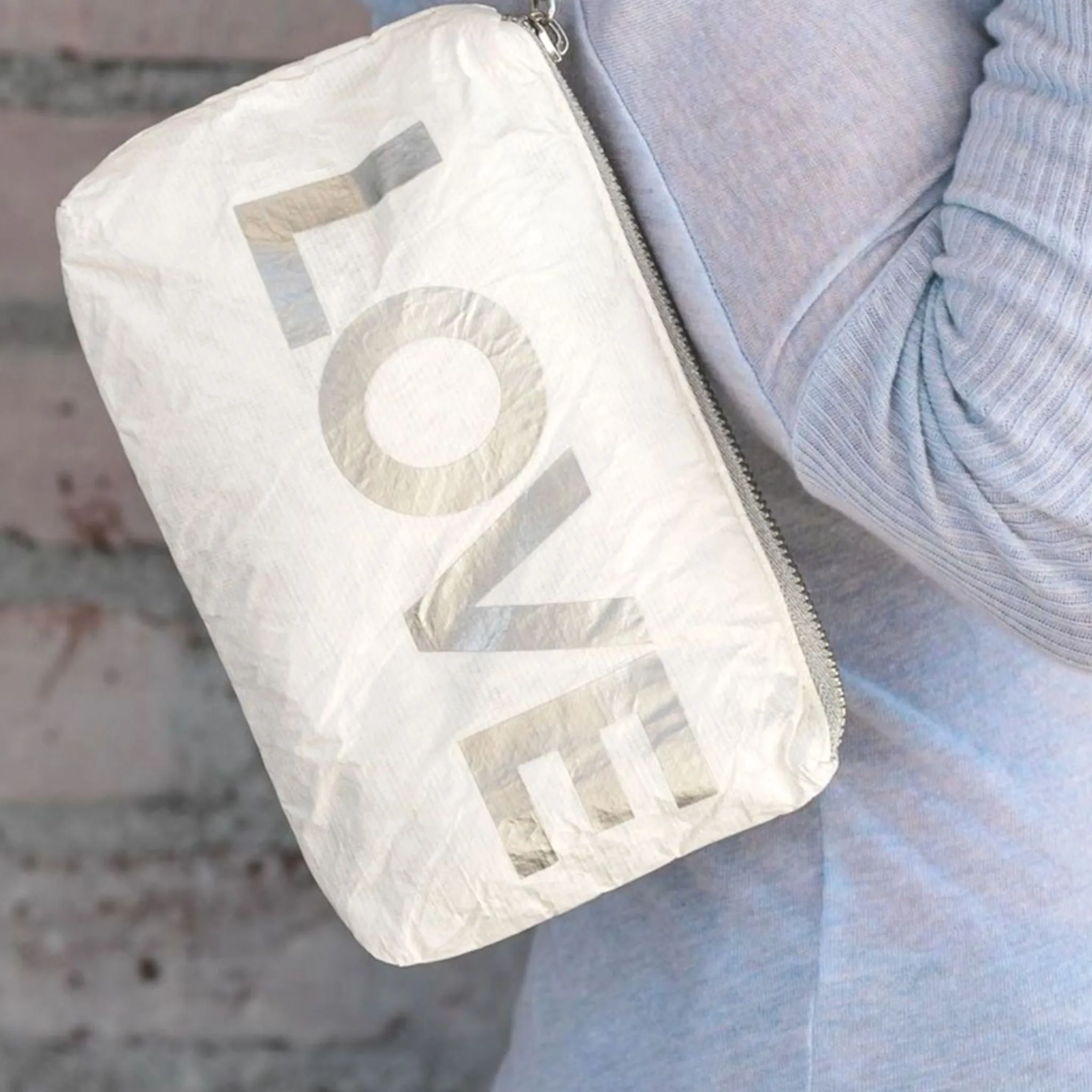 Love Shines Set of Two - Cosmetic Case or Lunch Box and Mini Padded Pack in Silver and White