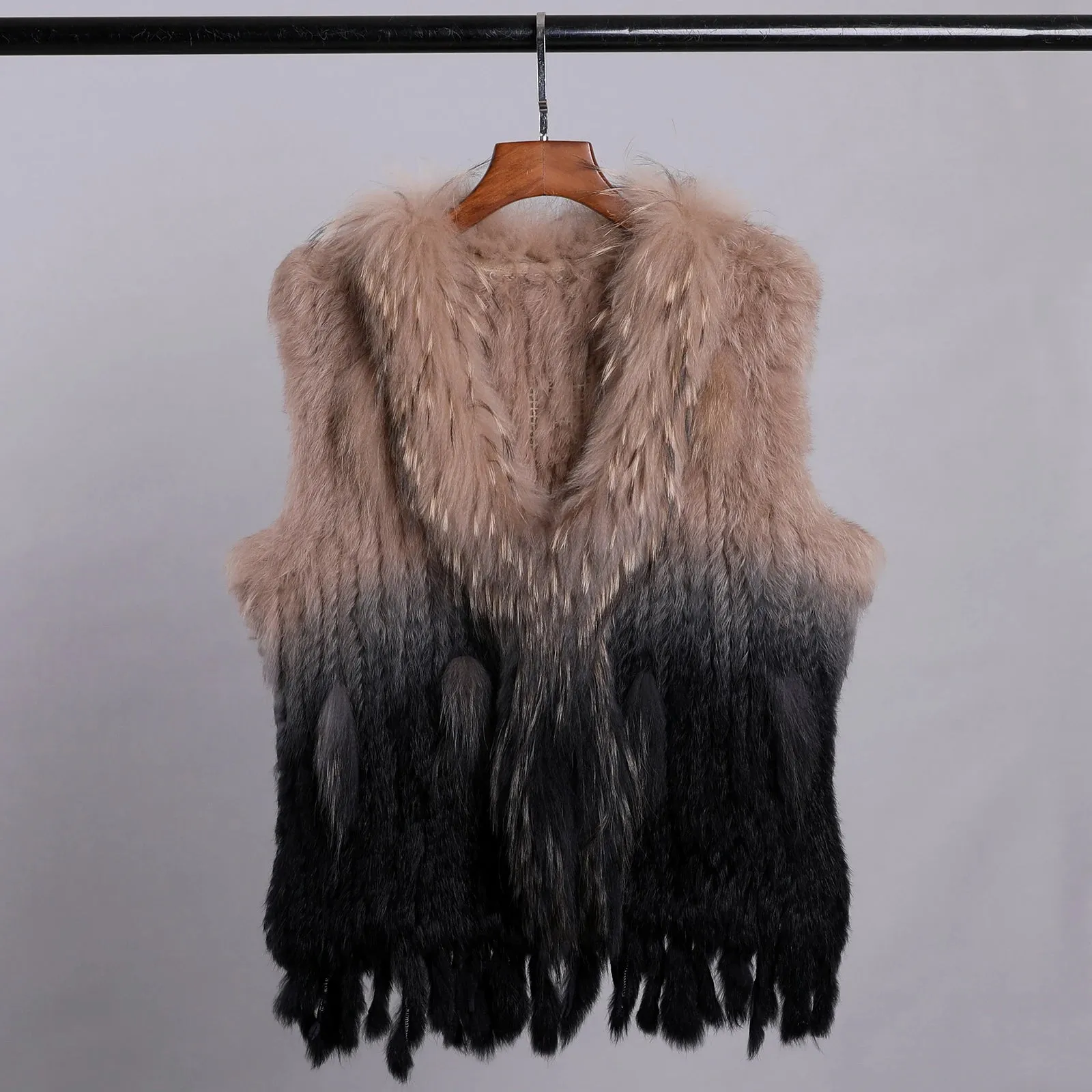 Luxury Women's Genuine Long Hair Rabbit Fur Knit Vest with Raccoon Fur Trim – Sleeveless Waistcoat Real Fur Jacket
