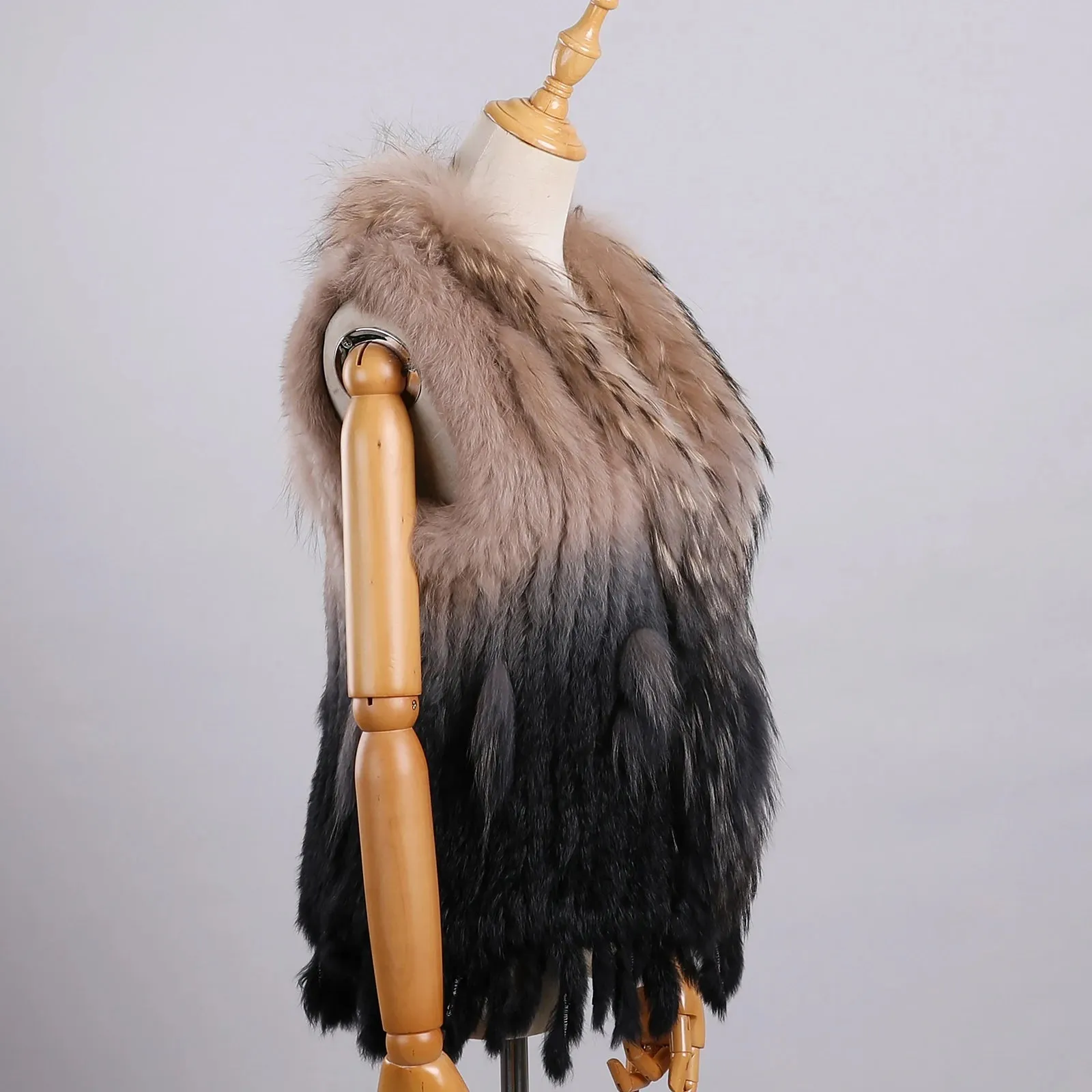 Luxury Women's Genuine Long Hair Rabbit Fur Knit Vest with Raccoon Fur Trim – Sleeveless Waistcoat Real Fur Jacket