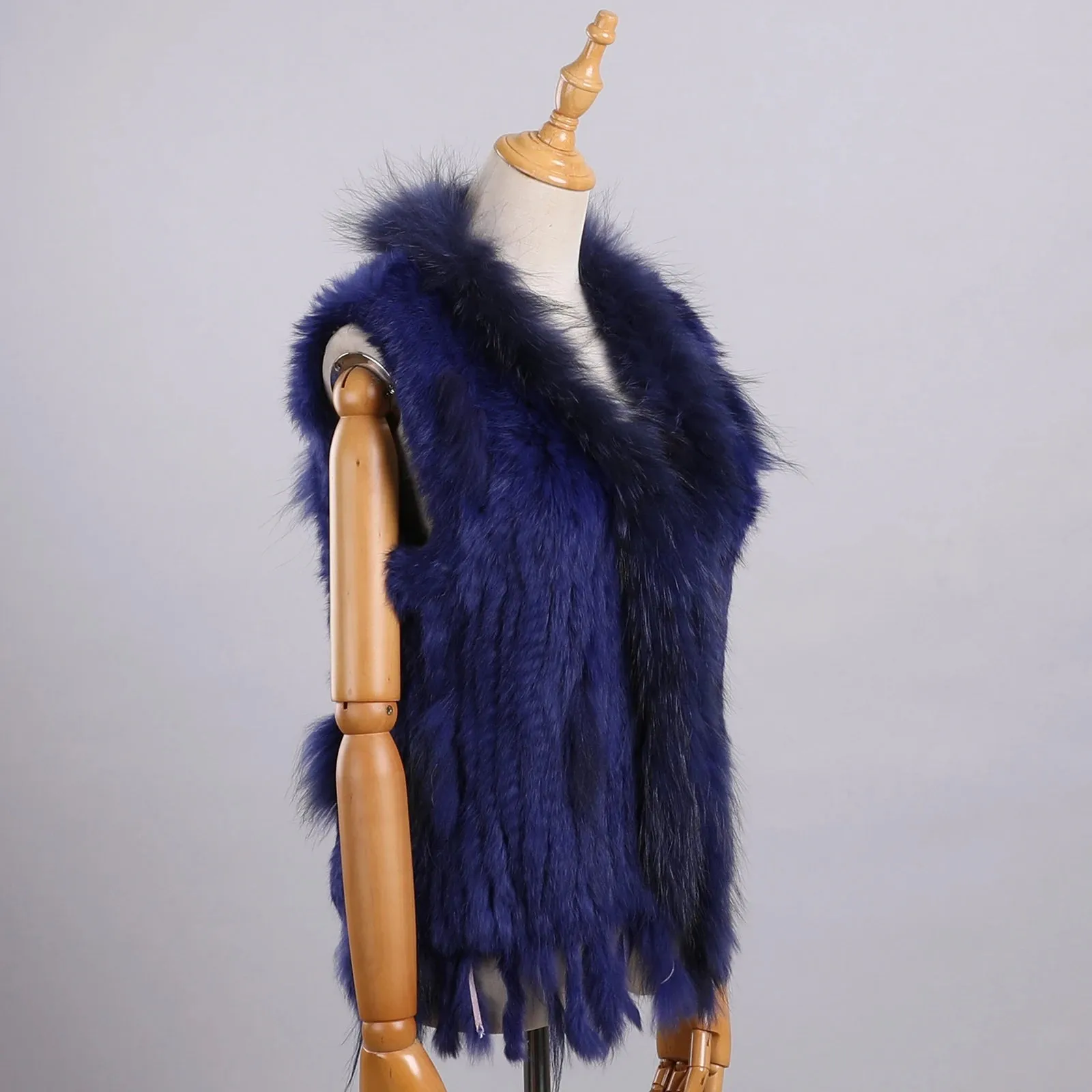 Luxury Women's Genuine Long Hair Rabbit Fur Knit Vest with Raccoon Fur Trim – Sleeveless Waistcoat Real Fur Jacket