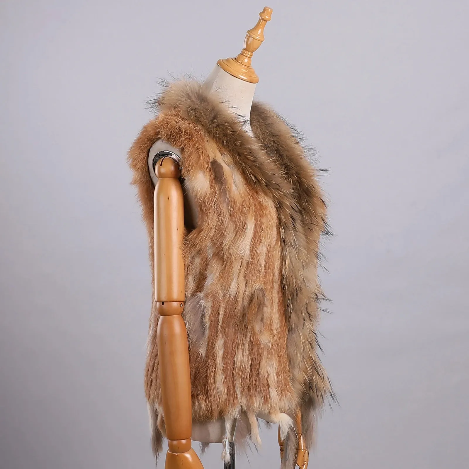 Luxury Women's Genuine Long Hair Rabbit Fur Knit Vest with Raccoon Fur Trim – Sleeveless Waistcoat Real Fur Jacket