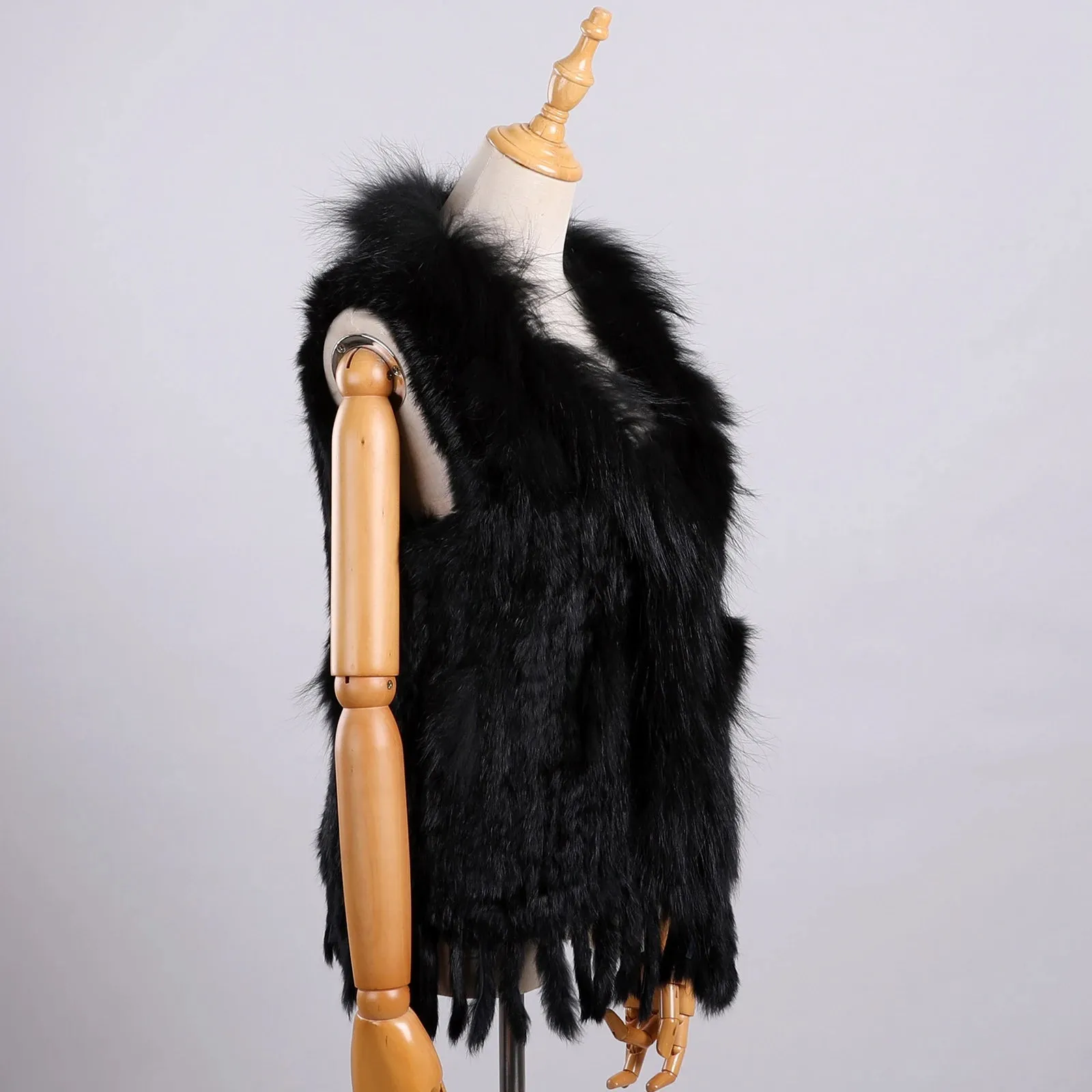 Luxury Women's Genuine Long Hair Rabbit Fur Knit Vest with Raccoon Fur Trim – Sleeveless Waistcoat Real Fur Jacket