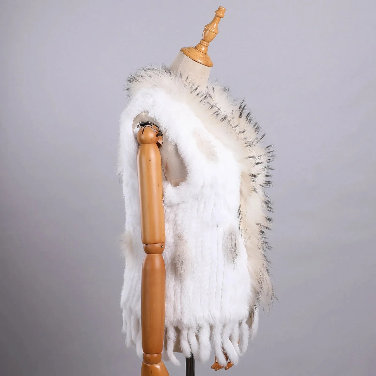 Luxury Women's Genuine Long Hair Rabbit Fur Knit Vest with Raccoon Fur Trim – Sleeveless Waistcoat Real Fur Jacket