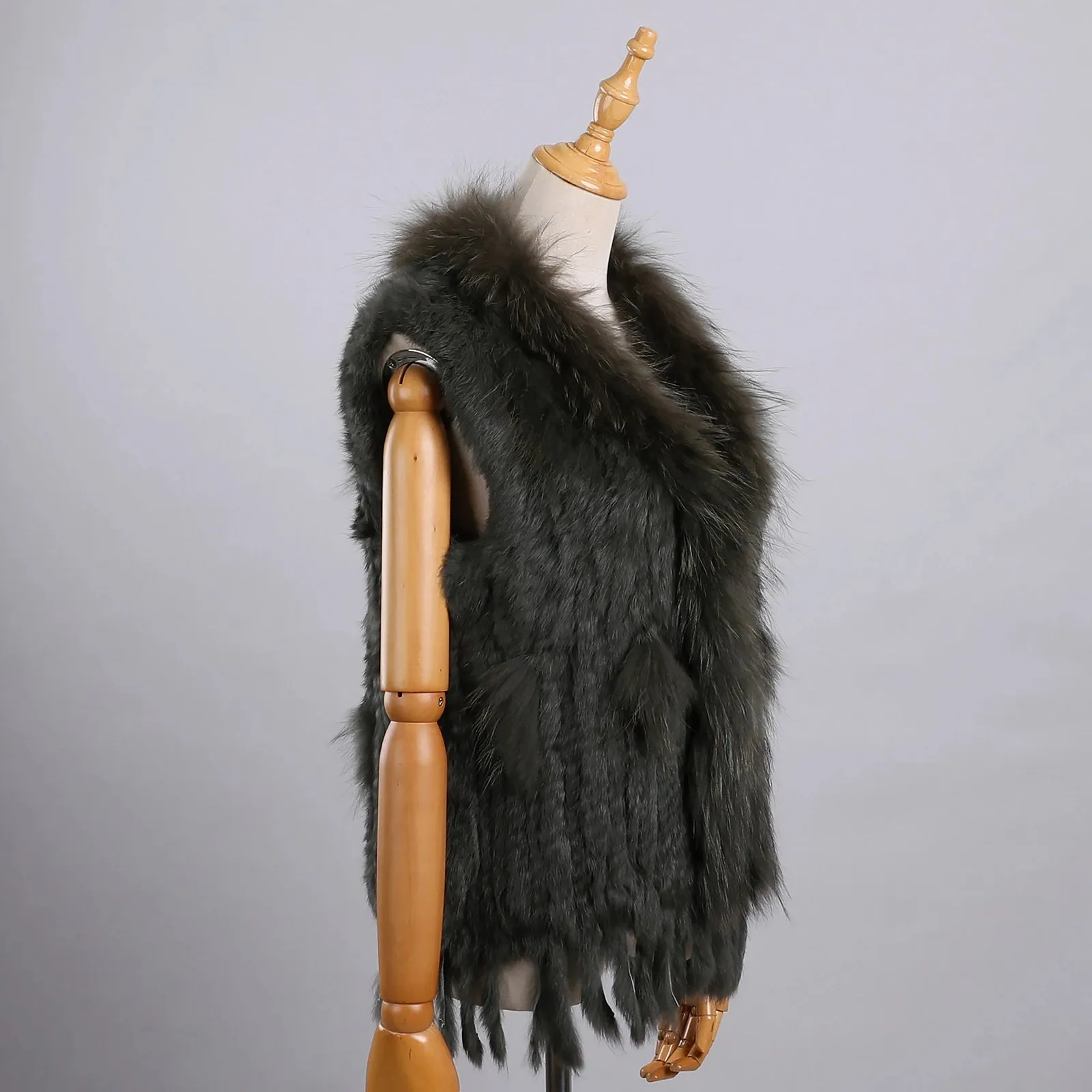 Luxury Women's Genuine Long Hair Rabbit Fur Knit Vest with Raccoon Fur Trim – Sleeveless Waistcoat Real Fur Jacket