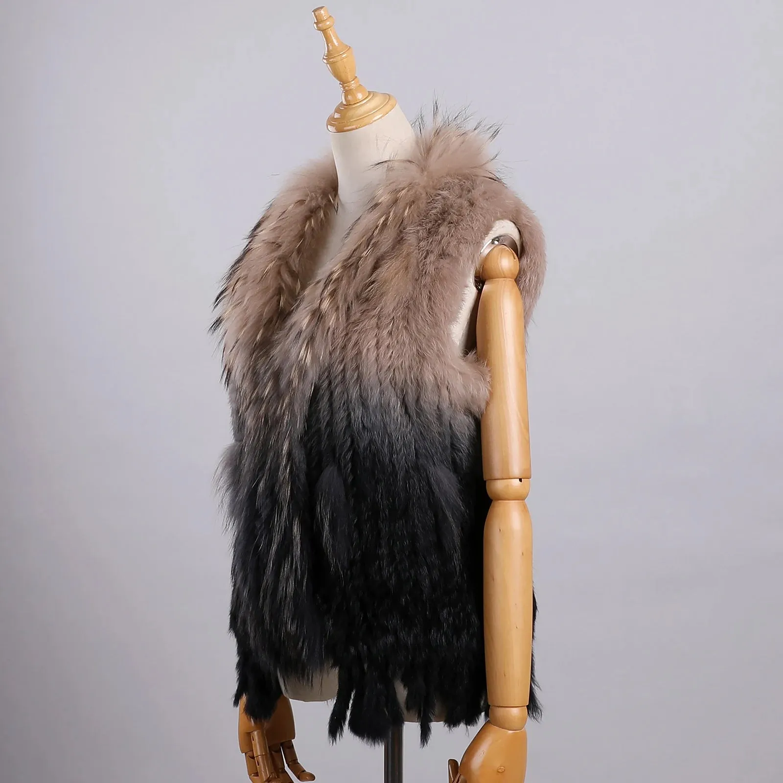 Luxury Women's Genuine Long Hair Rabbit Fur Knit Vest with Raccoon Fur Trim – Sleeveless Waistcoat Real Fur Jacket