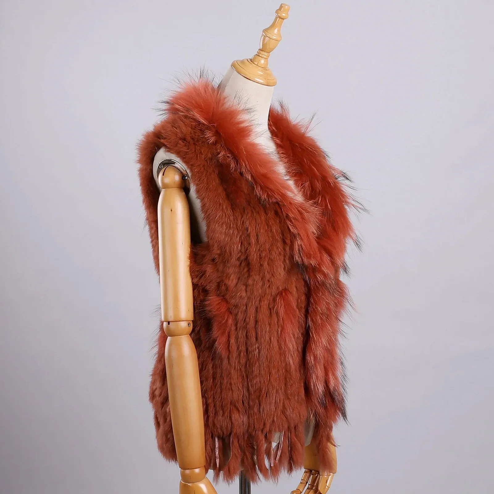Luxury Women's Genuine Long Hair Rabbit Fur Knit Vest with Raccoon Fur Trim – Sleeveless Waistcoat Real Fur Jacket