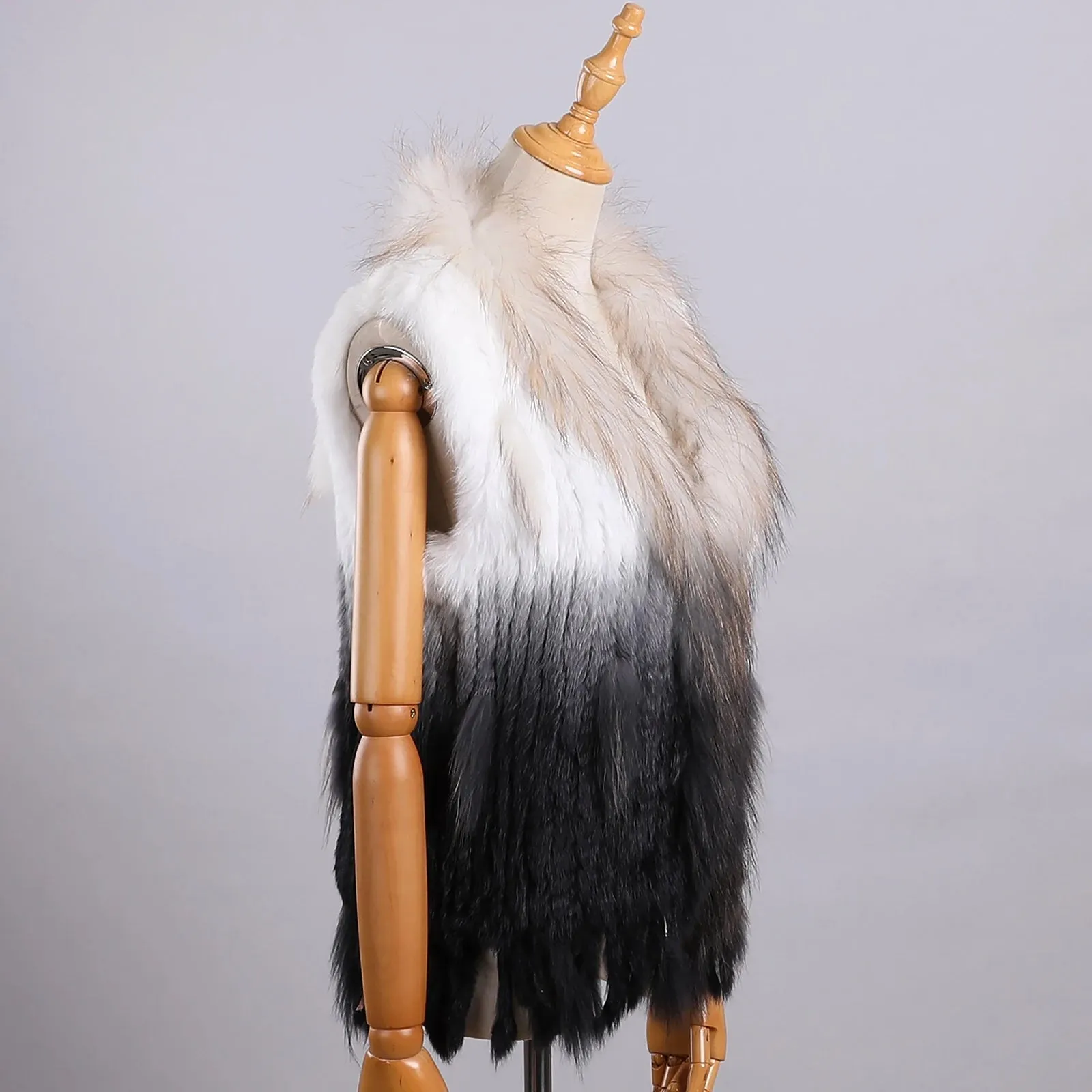Luxury Women's Genuine Long Hair Rabbit Fur Knit Vest with Raccoon Fur Trim – Sleeveless Waistcoat Real Fur Jacket