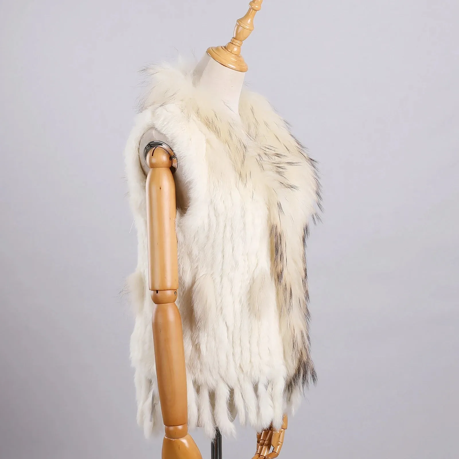 Luxury Women's Genuine Long Hair Rabbit Fur Knit Vest with Raccoon Fur Trim – Sleeveless Waistcoat Real Fur Jacket