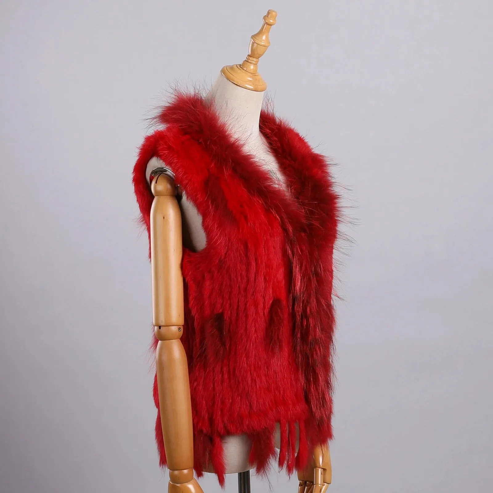 Luxury Women's Genuine Long Hair Rabbit Fur Knit Vest with Raccoon Fur Trim – Sleeveless Waistcoat Real Fur Jacket