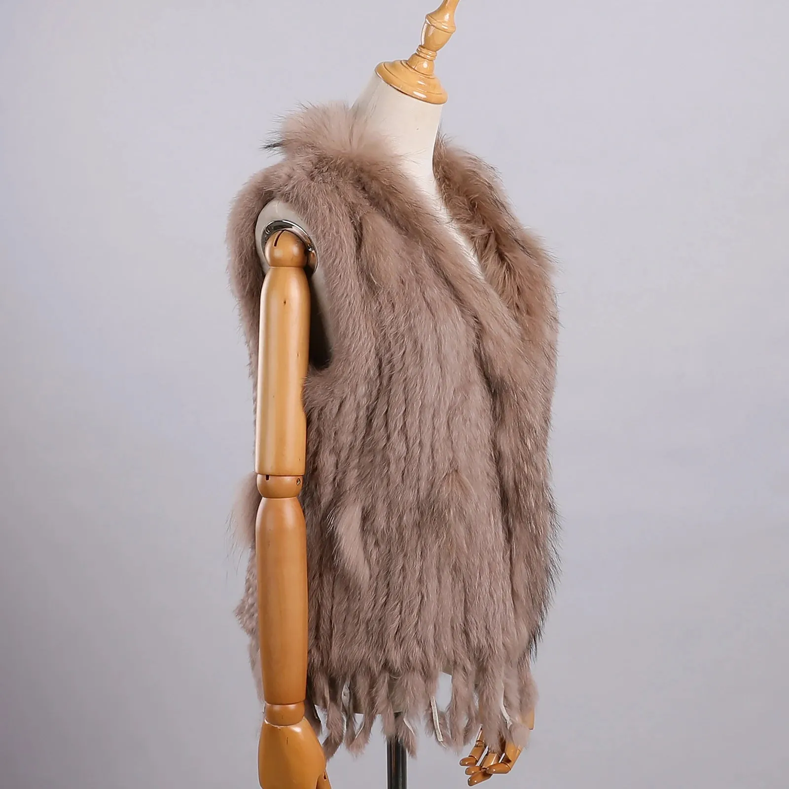 Luxury Women's Genuine Long Hair Rabbit Fur Knit Vest with Raccoon Fur Trim – Sleeveless Waistcoat Real Fur Jacket