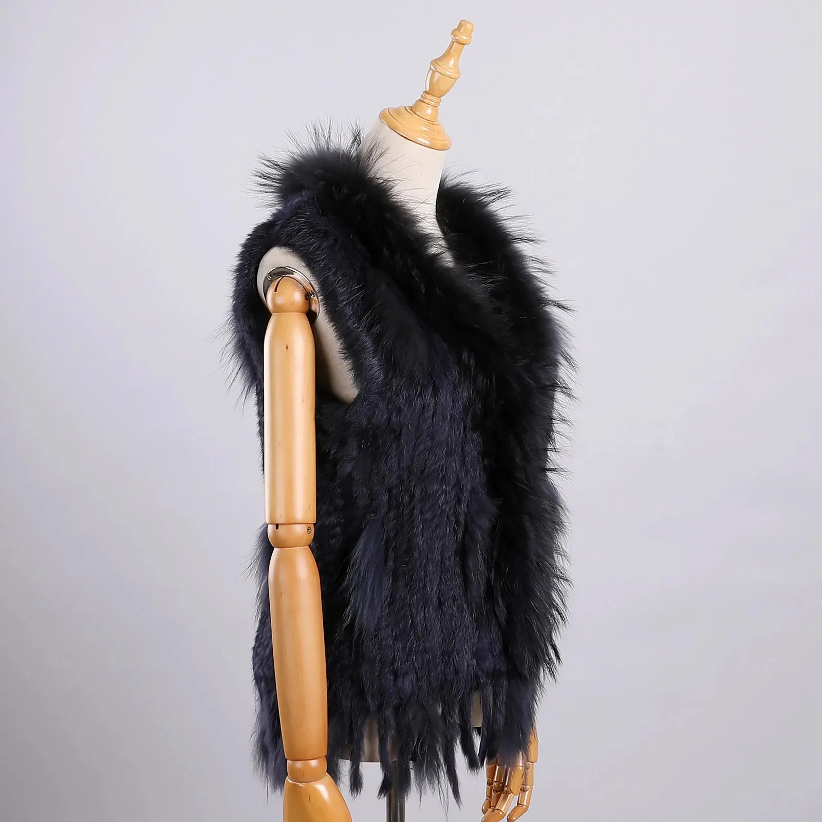 Luxury Women's Genuine Long Hair Rabbit Fur Knit Vest with Raccoon Fur Trim – Sleeveless Waistcoat Real Fur Jacket