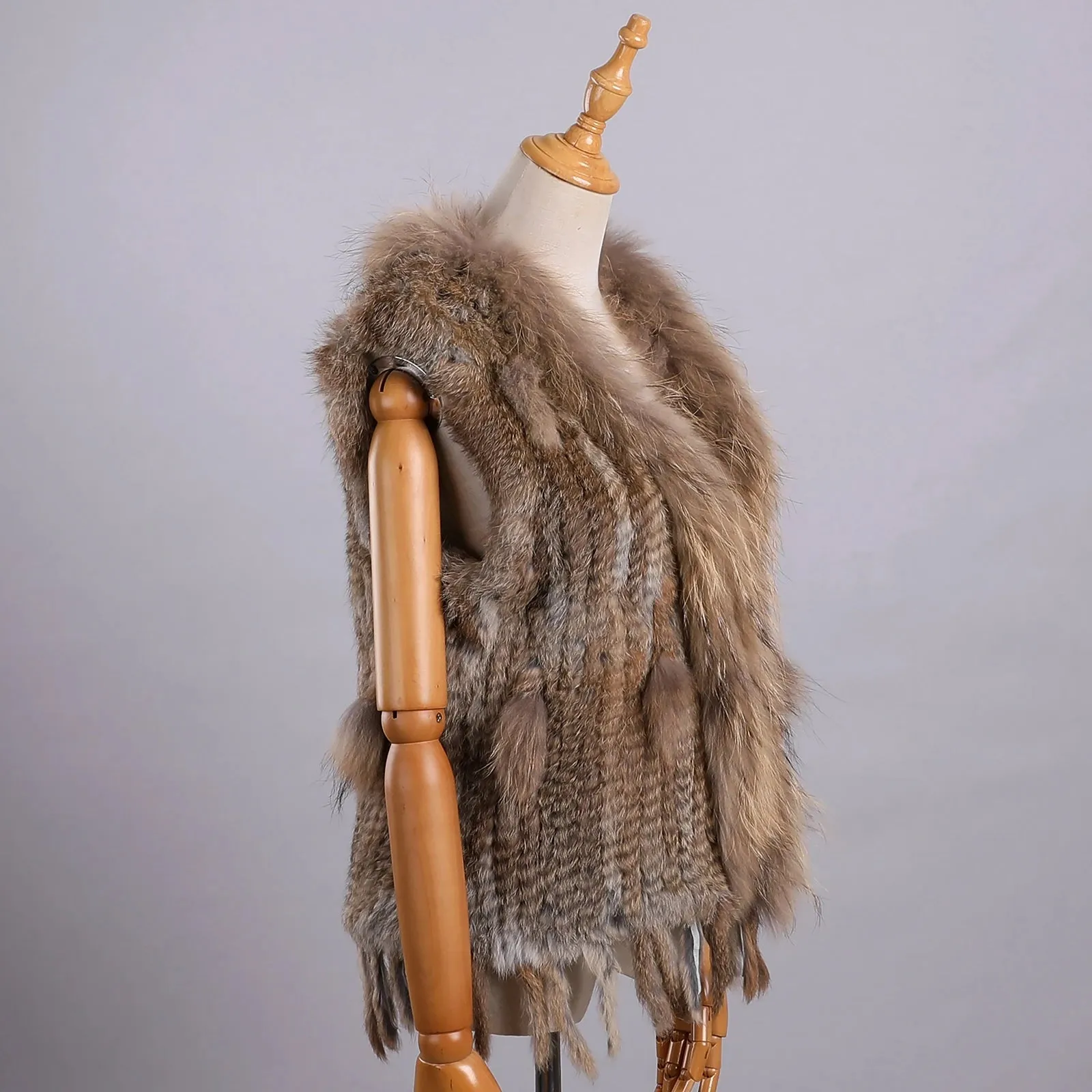 Luxury Women's Genuine Long Hair Rabbit Fur Knit Vest with Raccoon Fur Trim – Sleeveless Waistcoat Real Fur Jacket