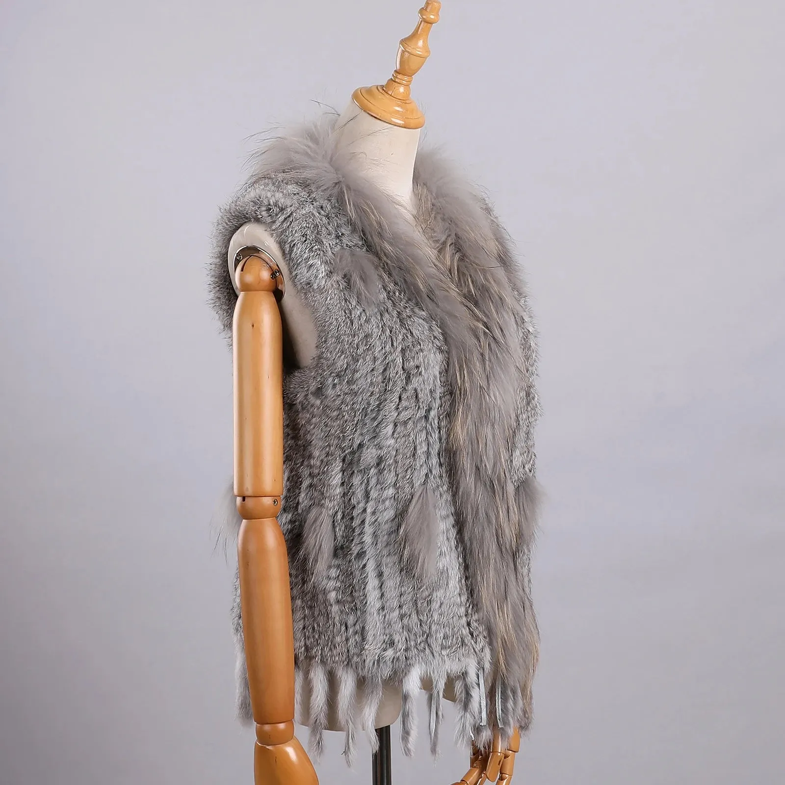 Luxury Women's Genuine Long Hair Rabbit Fur Knit Vest with Raccoon Fur Trim – Sleeveless Waistcoat Real Fur Jacket