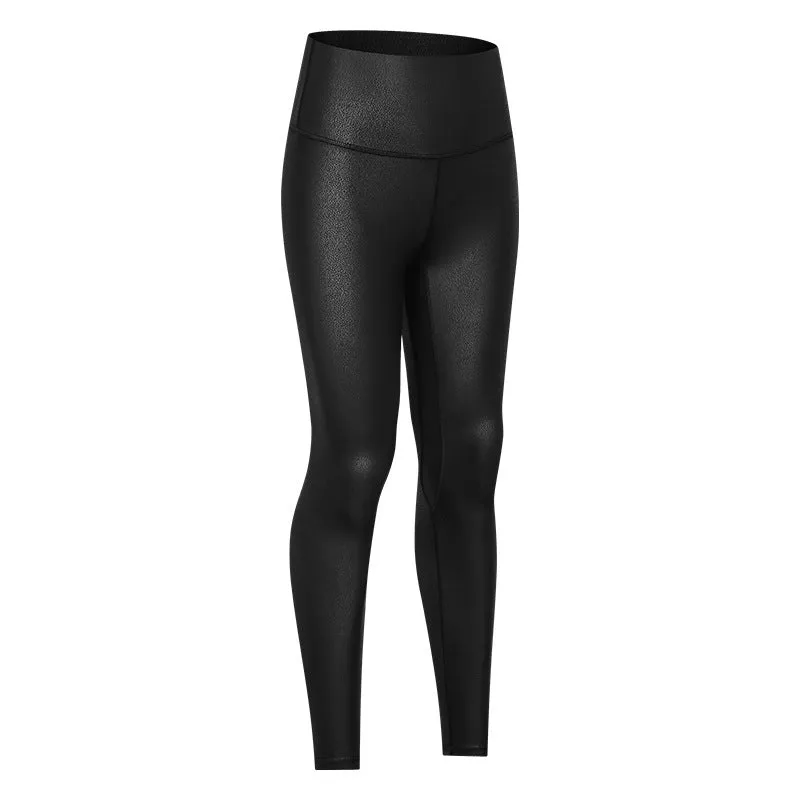 Matte Leather Pattern Yoga Pants Women's High Waist Belly Contracting