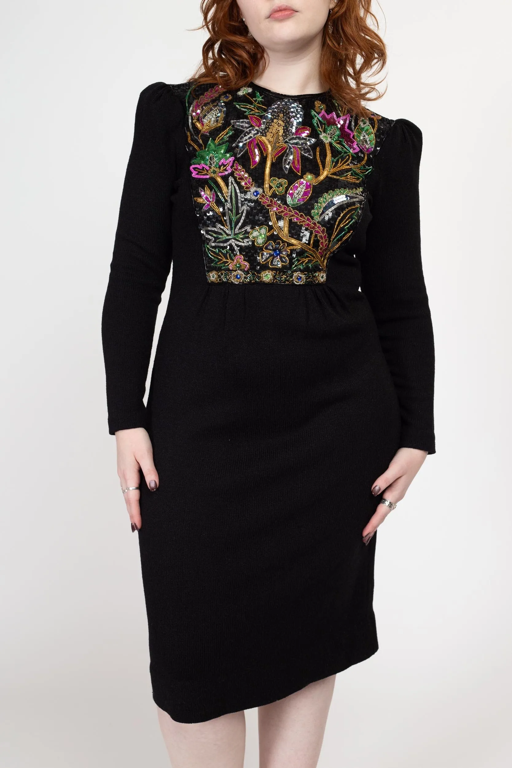 Medium 80s Pat Sandler Black Beaded Knit Midi Dress Size 8