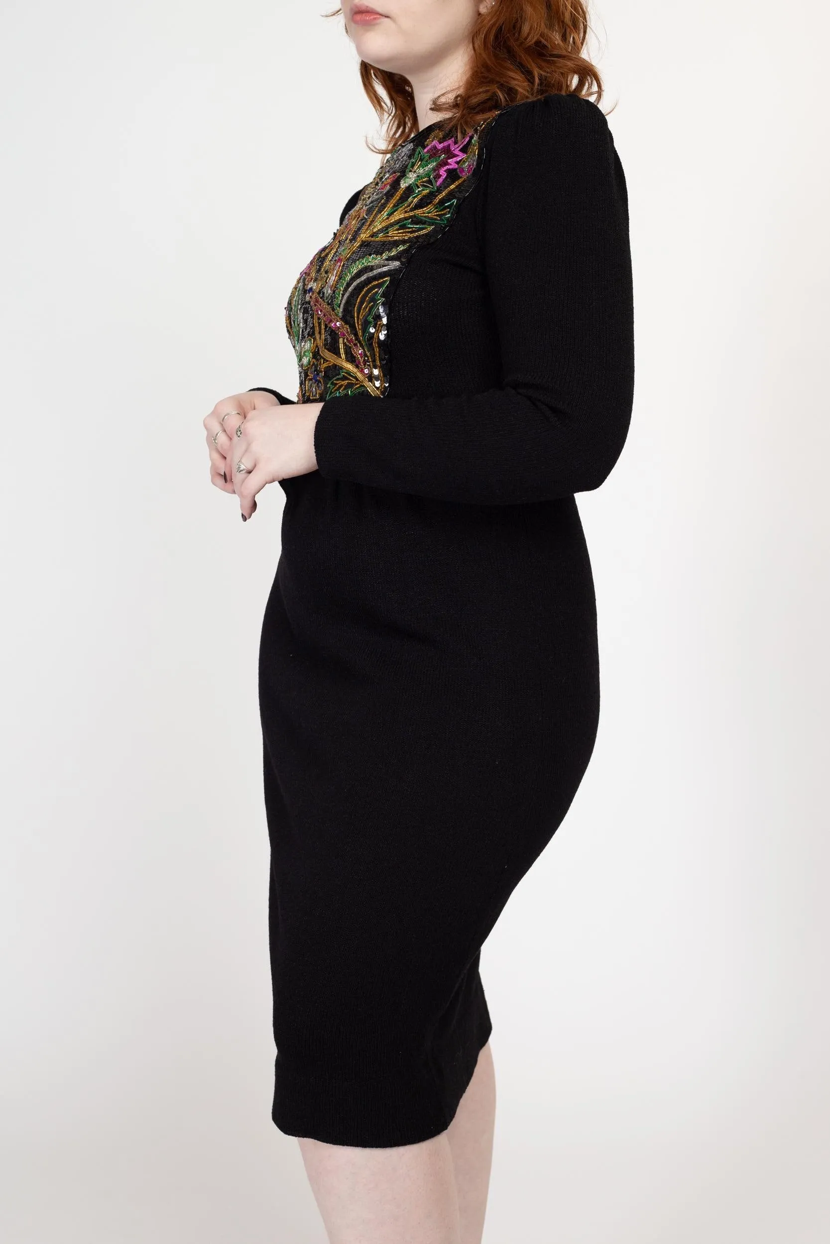 Medium 80s Pat Sandler Black Beaded Knit Midi Dress Size 8