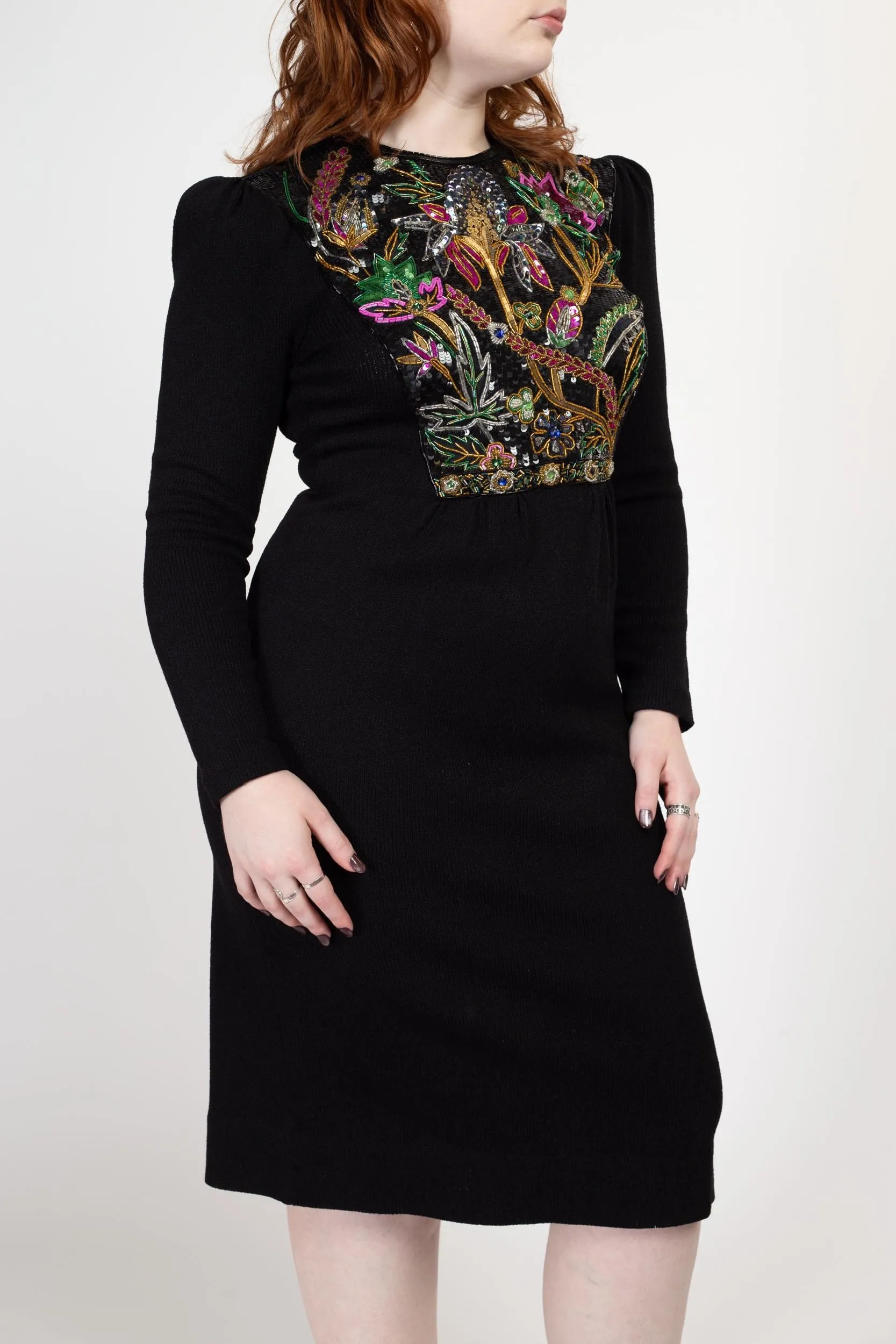 Medium 80s Pat Sandler Black Beaded Knit Midi Dress Size 8