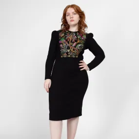 Medium 80s Pat Sandler Black Beaded Knit Midi Dress Size 8