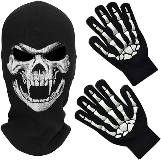 MELOP Full Face Skeleton Skull Ghost Halloween Balaclava Face Mask for Cosplay Costume Cycling Outdoor Sport With Skeleton Pattern Gloves