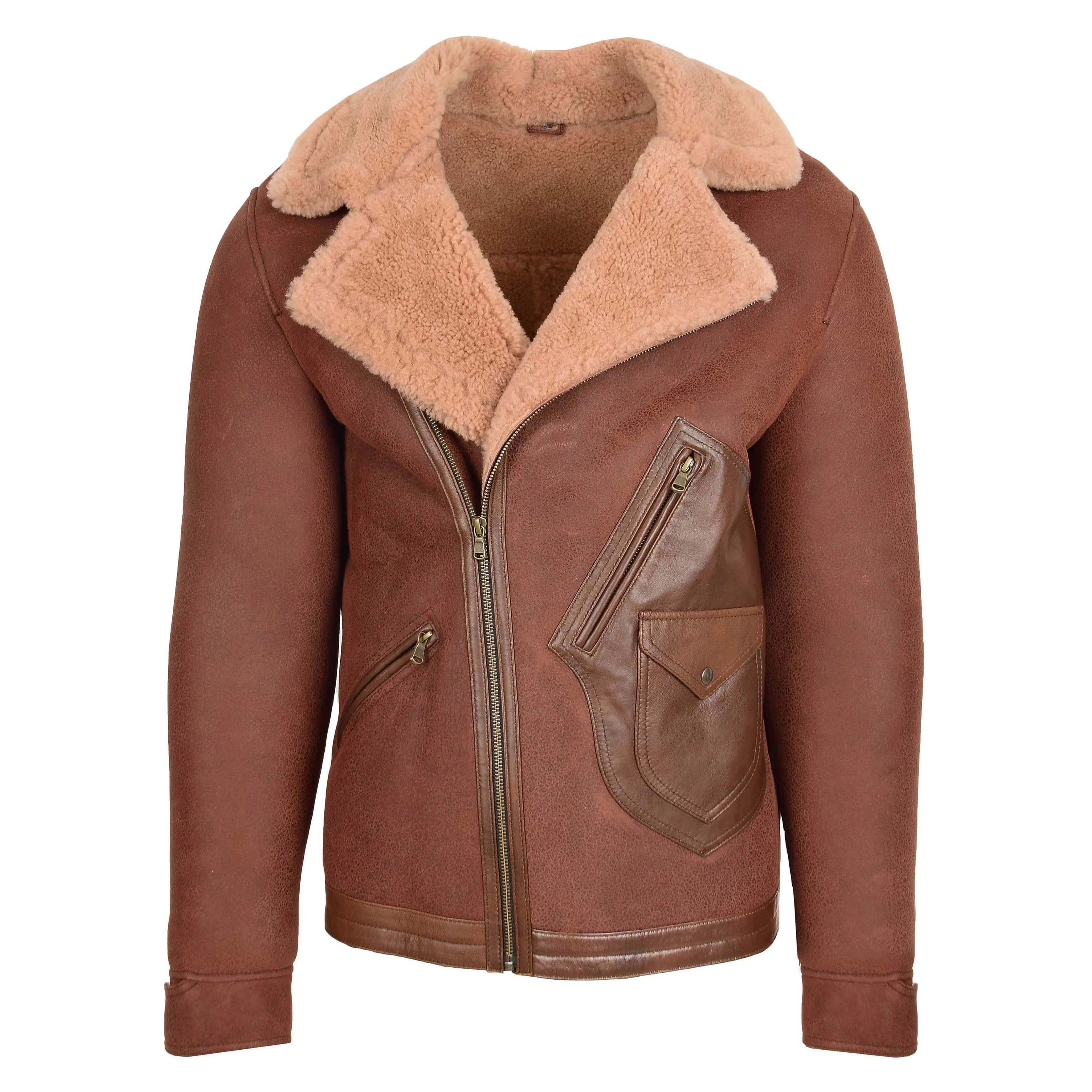 Men's Biker Style Real Sheepskin Cross Zip Aviator Jacket Brown Havard