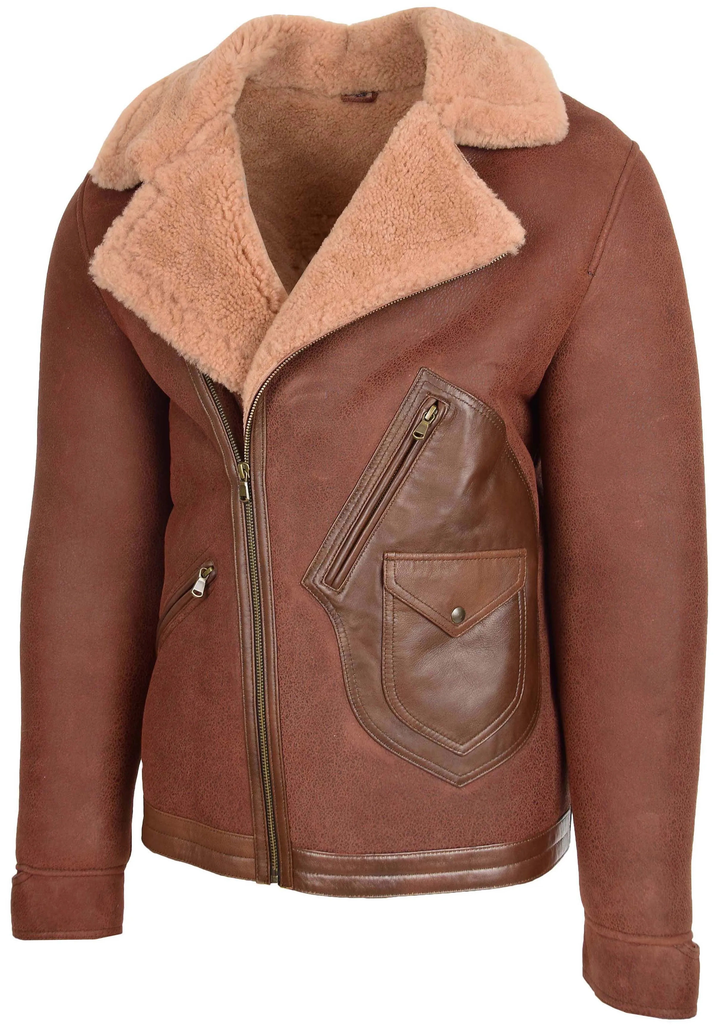 Men's Biker Style Real Sheepskin Cross Zip Aviator Jacket Brown Havard