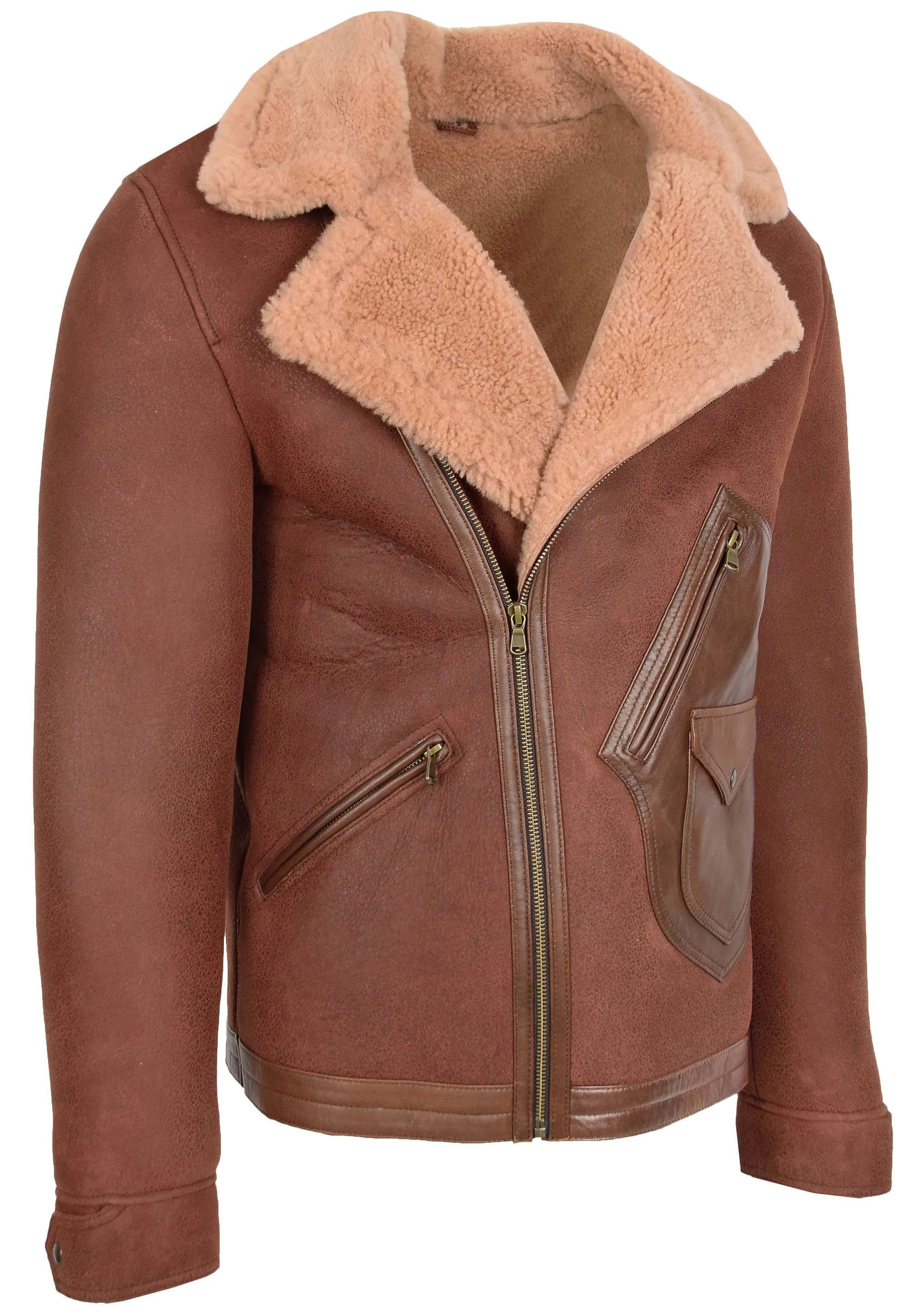 Men's Biker Style Real Sheepskin Cross Zip Aviator Jacket Brown Havard