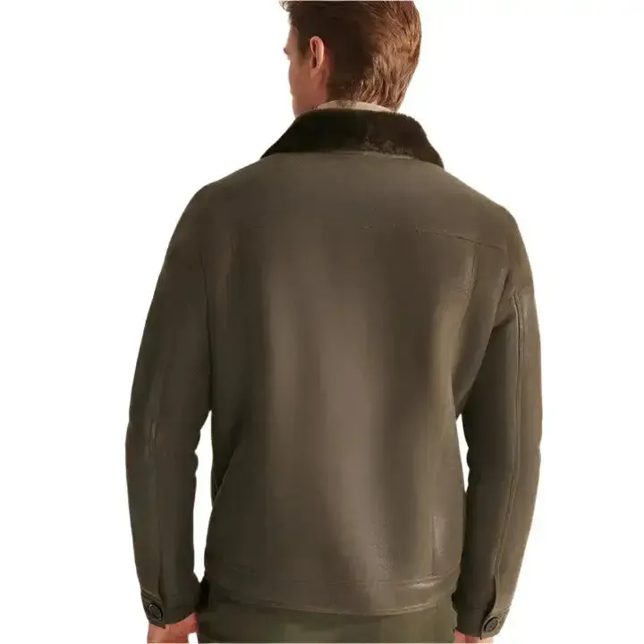 Men's Green Sheepskin Shearling Leather Trucker Aviator Jacket