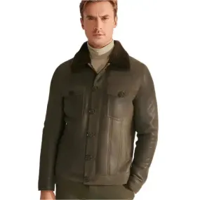Men's Green Sheepskin Shearling Leather Trucker Aviator Jacket